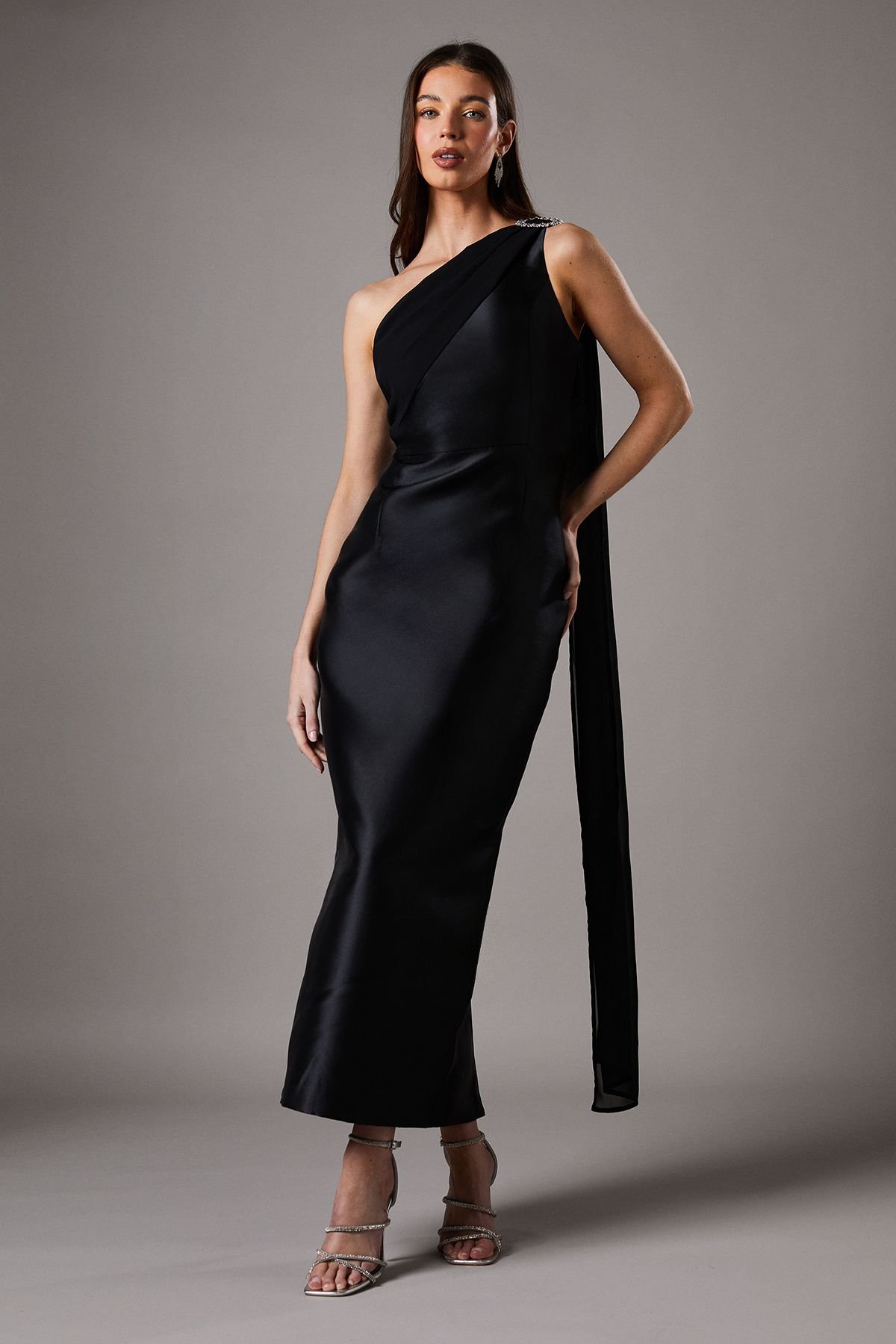 Coast Coast Women's One Shoulder Twill Gown With Diamante Brooch in Black - 2