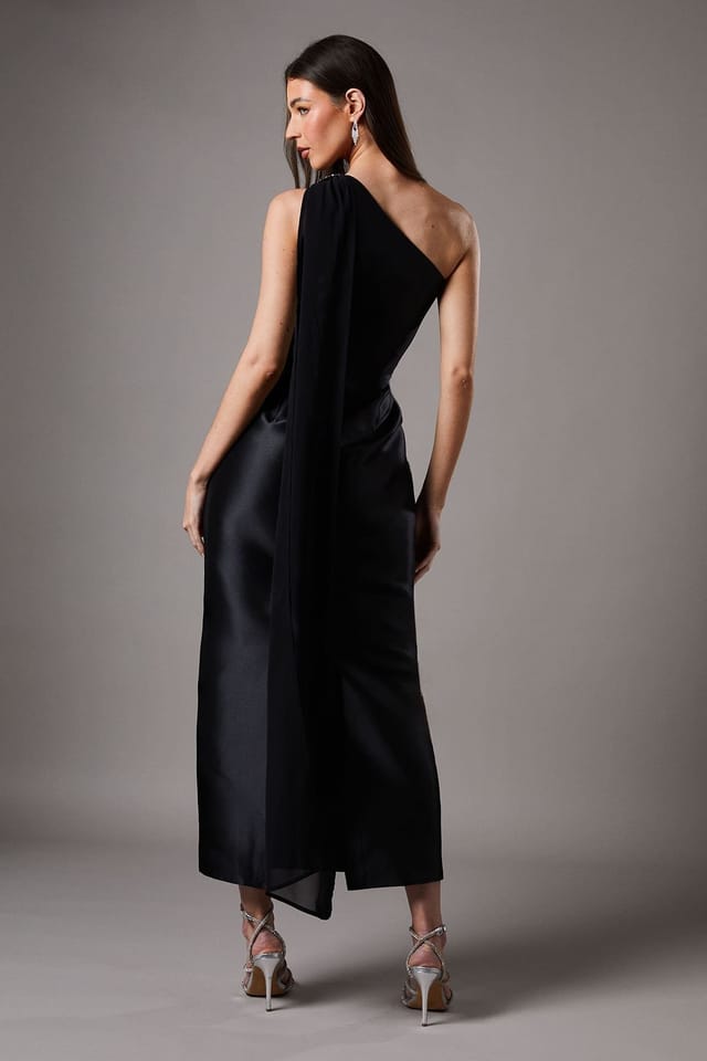 Coast Coast Women's One Shoulder Twill Gown With Diamante Brooch in Black - 3
