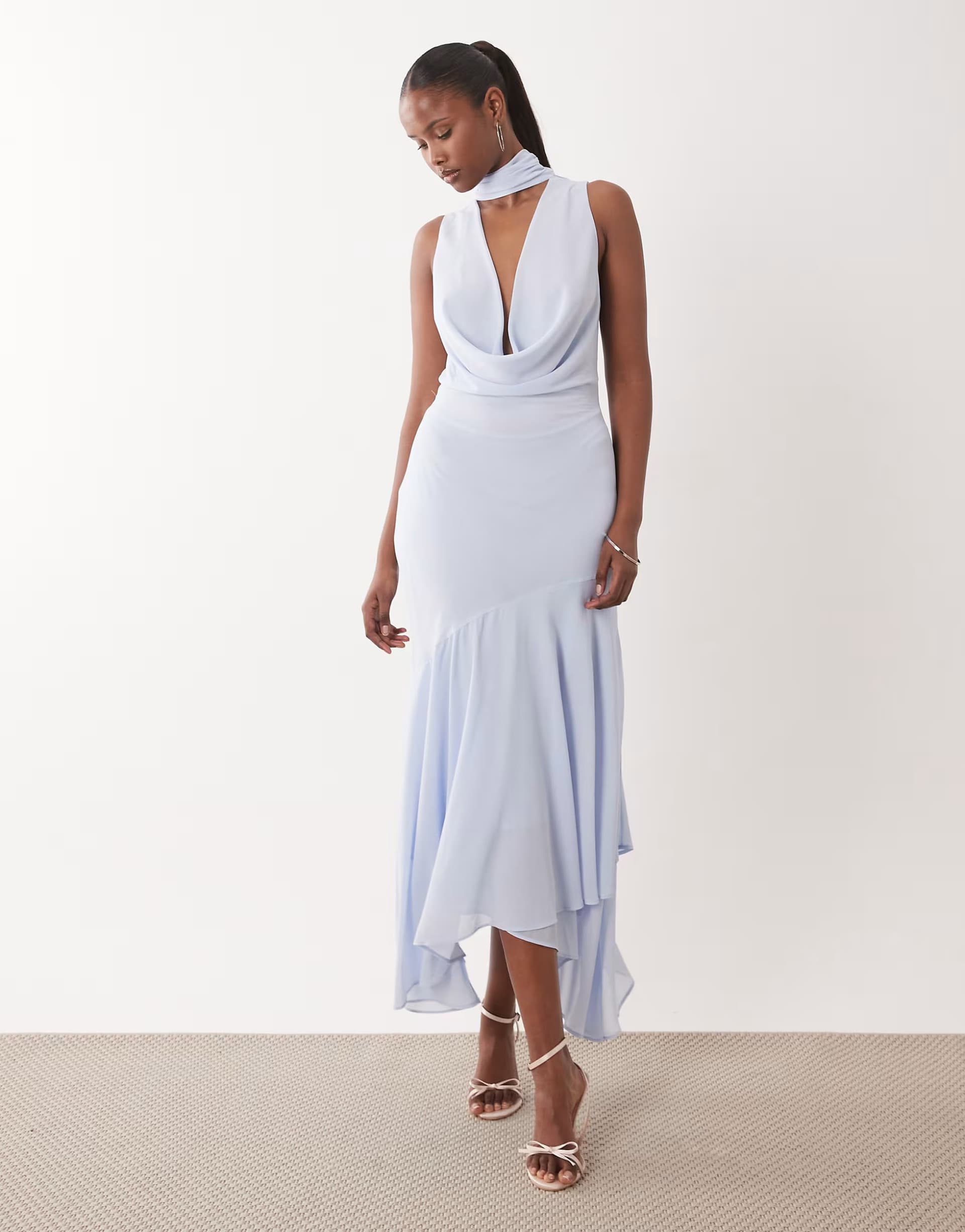 ASOS TFNC Bridesmaids cowl neck chiffon midi dress with neck tie in icy blue