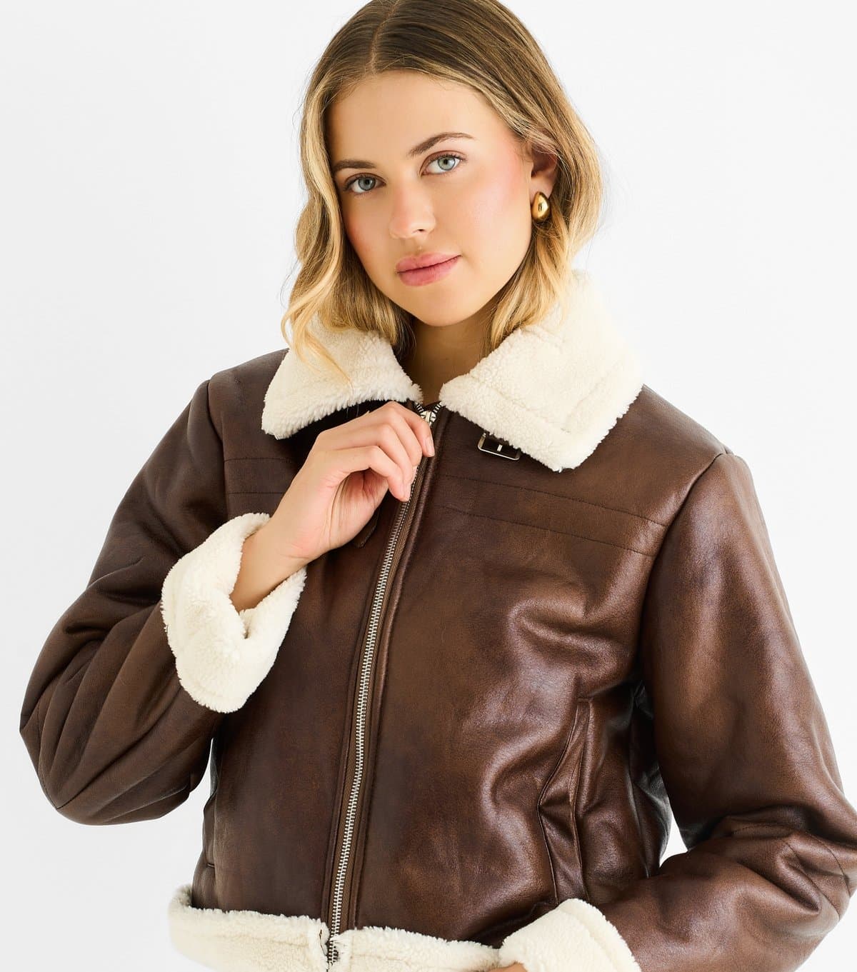 Gini London Women's Brown Faux Leather Shearling Jacket Gini London New Look