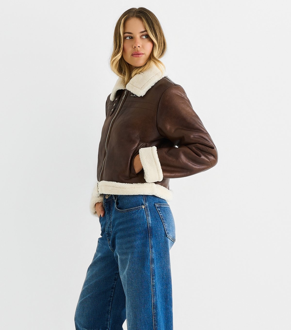 Gini London Women's Brown Faux Leather Shearling Jacket Gini London New Look - 2