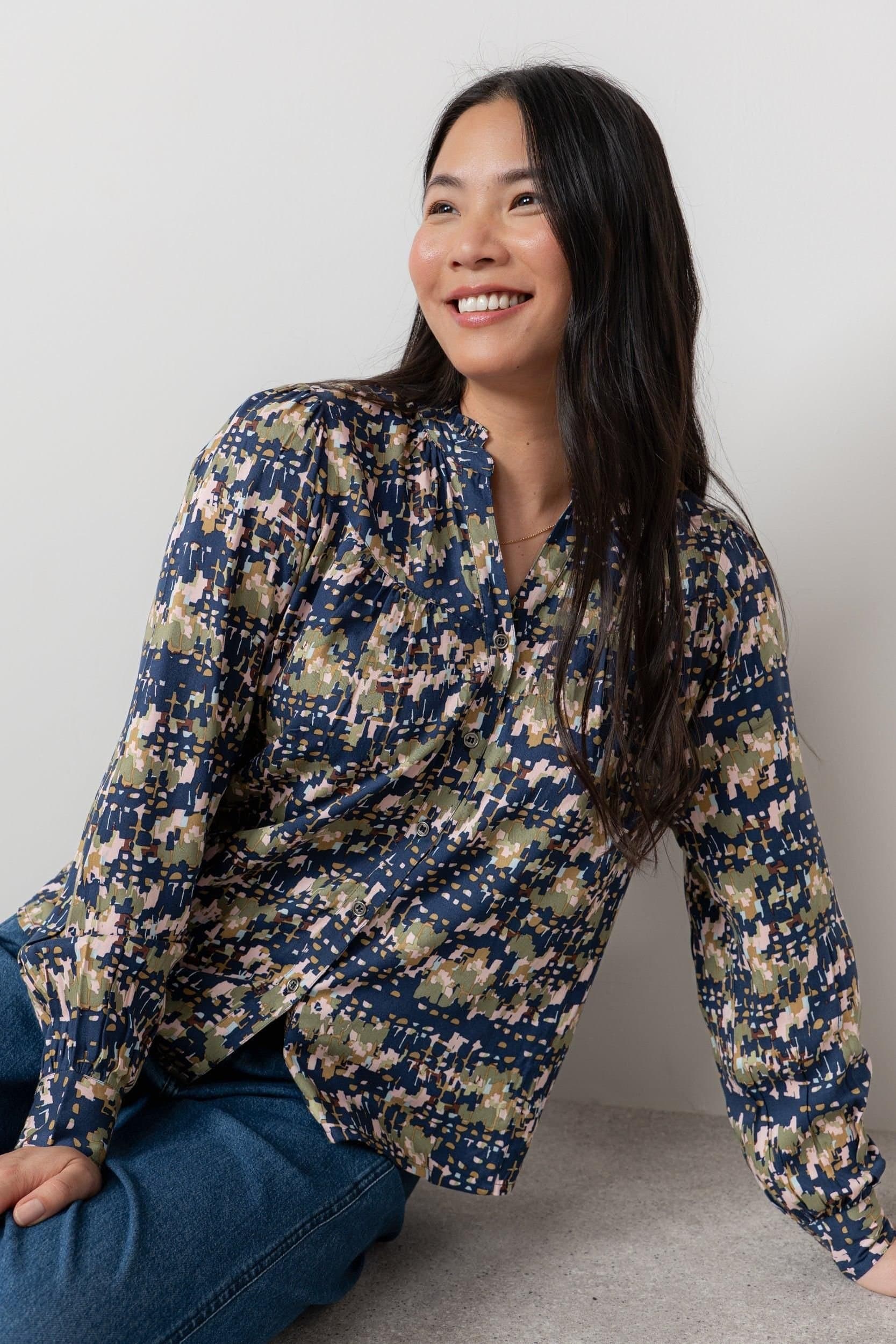 Lily & Me Lily & Me Navy Printed Viscose Blouse with Frill Neck