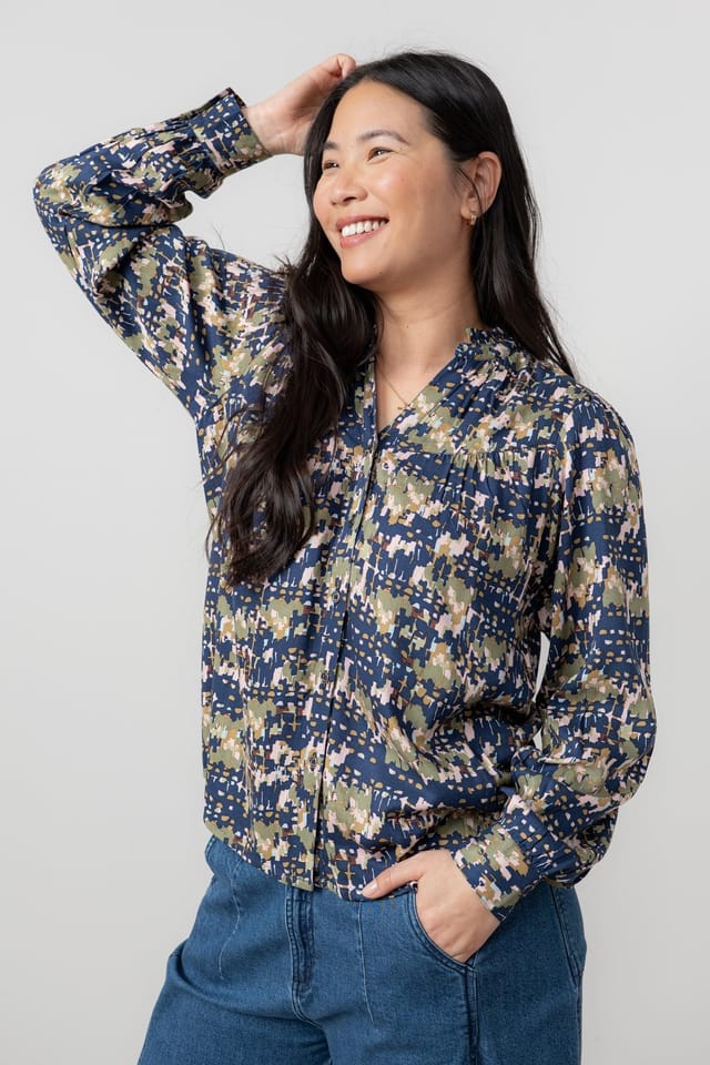 Lily & Me Lily & Me Women's Wayfaring Printed Woven Viscose Frill Neck Blouse in Navy - 2