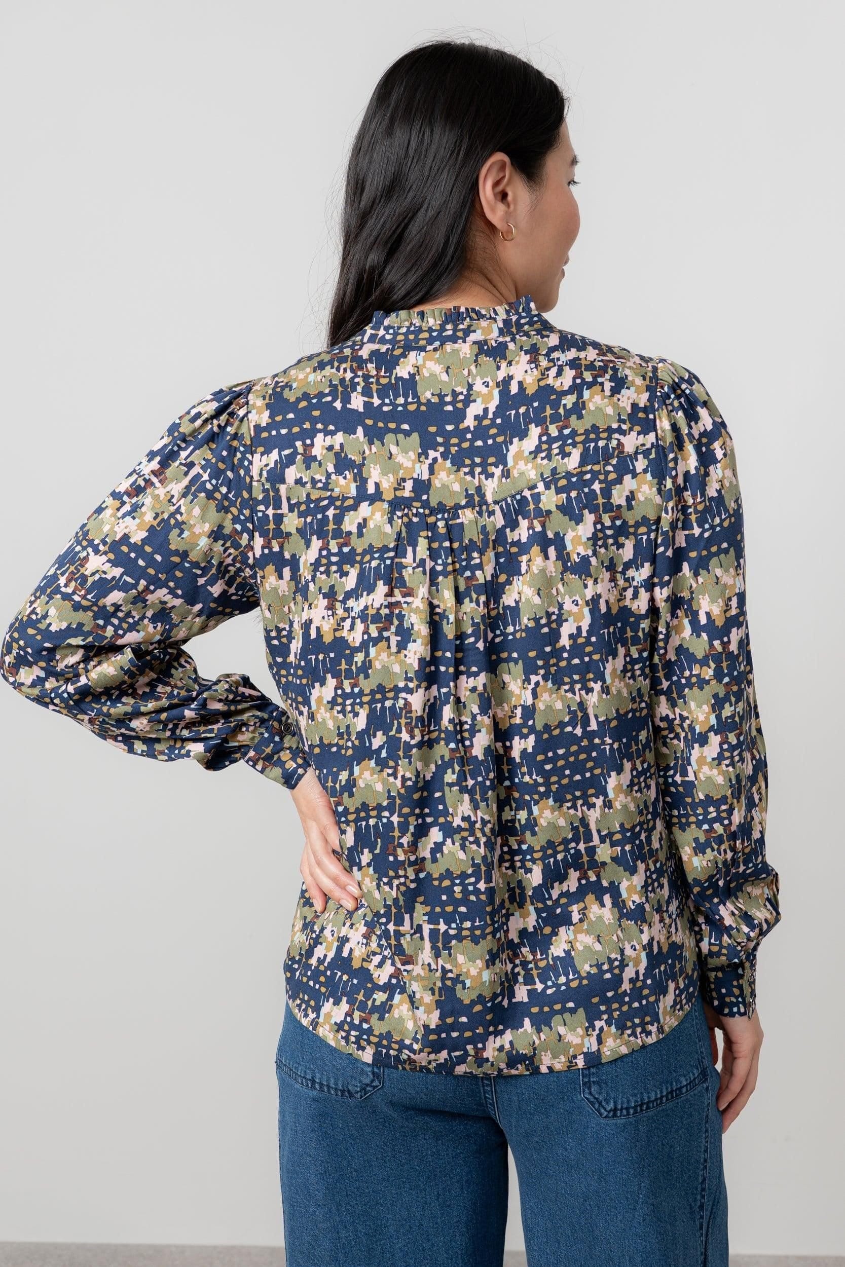 Lily & Me Lily & Me Women's Wayfaring Printed Woven Viscose Frill Neck Blouse in Navy - 4