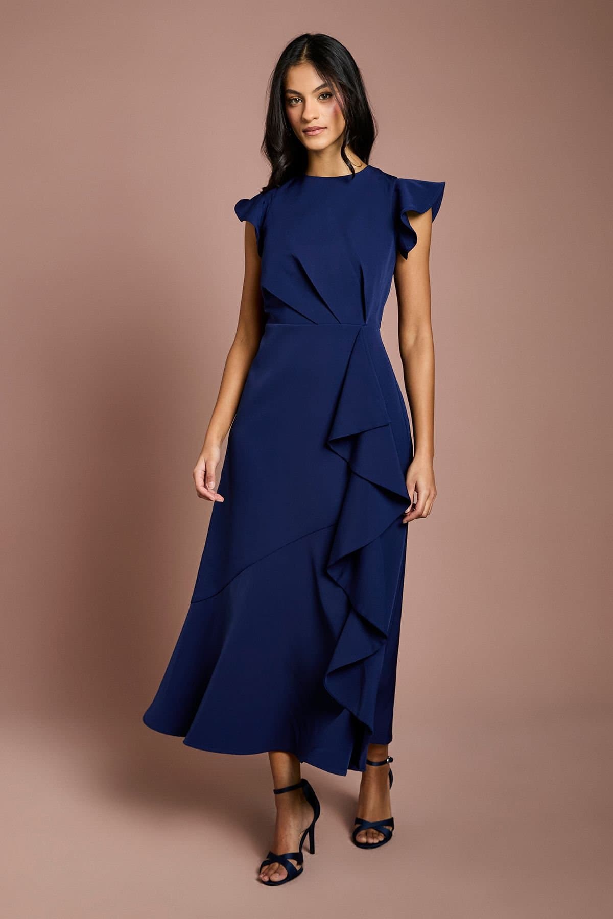 Coast Coast Women's Petite Ruffle Detail Midi Dress in Navy
