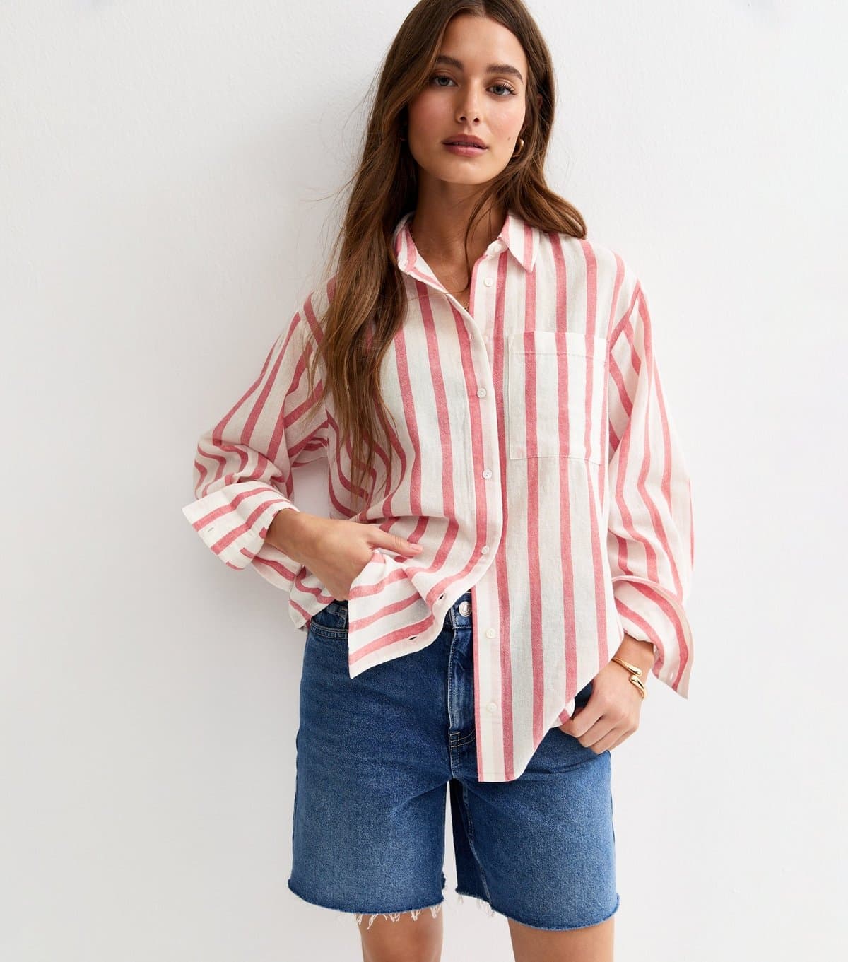 New Look Women's White and Pink Cotton Striped Long Sleeve Shirt New Look