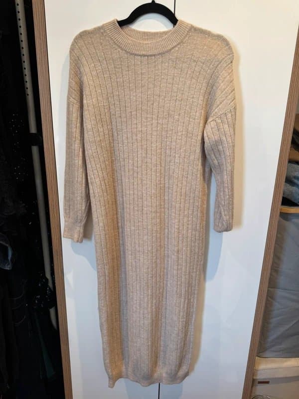 ASOS Beige Ribbed Knit Midi Dress With Slit