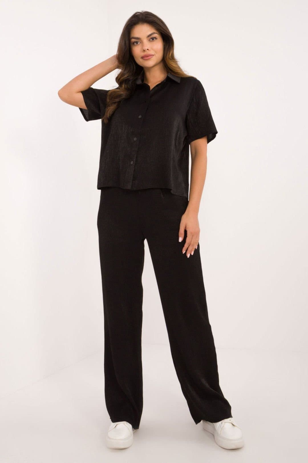 Love Lace Love Lace Women's Classic Cotton Blend Top & Wide Leg Set in Black