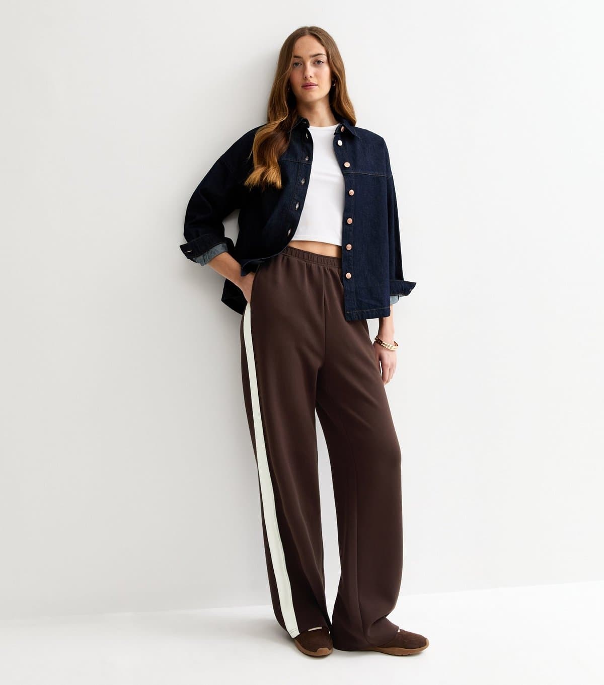 New Look Women's Tall Premium Brown Jersey Striped Wide Leg Joggers New Look