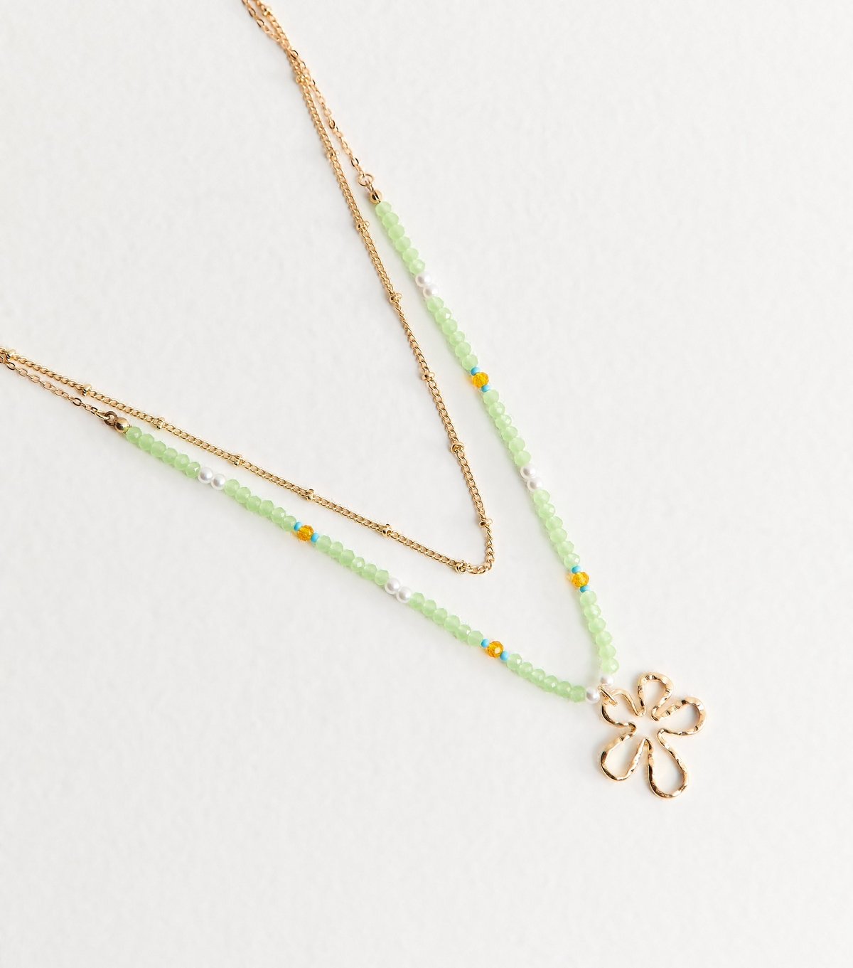 New Look Light Green Double Layer Beaded Flower Charm Necklace New Look - 1