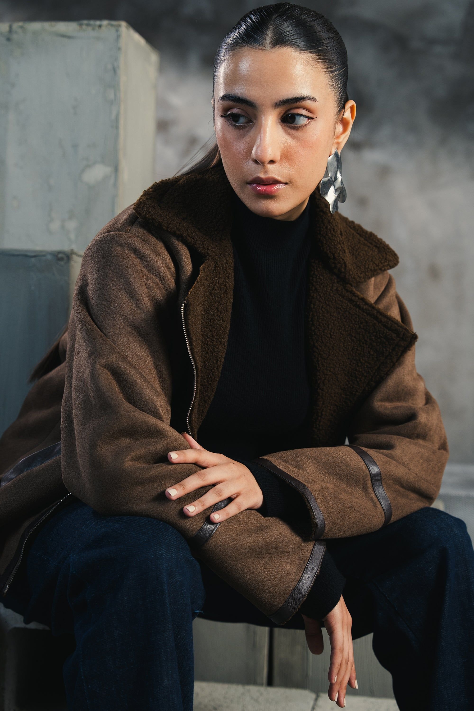 Urban Studio Urban Studio Women's Faux Suede Biker Jacket - Lapel Collar & Zip Closure in Dark Brown - 2