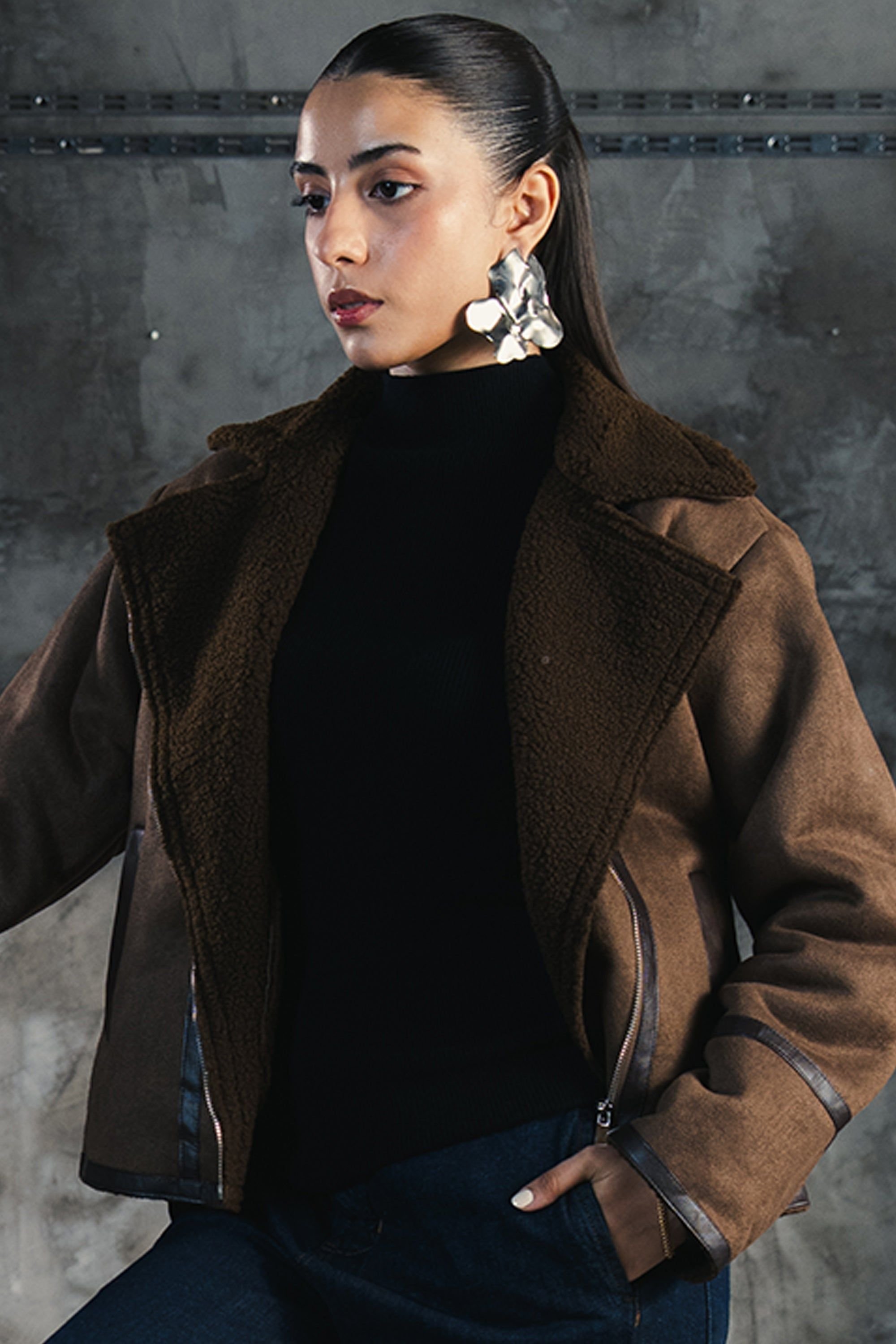 Urban Studio Urban Studio Women's Faux Suede Biker Jacket - Lapel Collar & Zip Closure in Dark Brown - 3