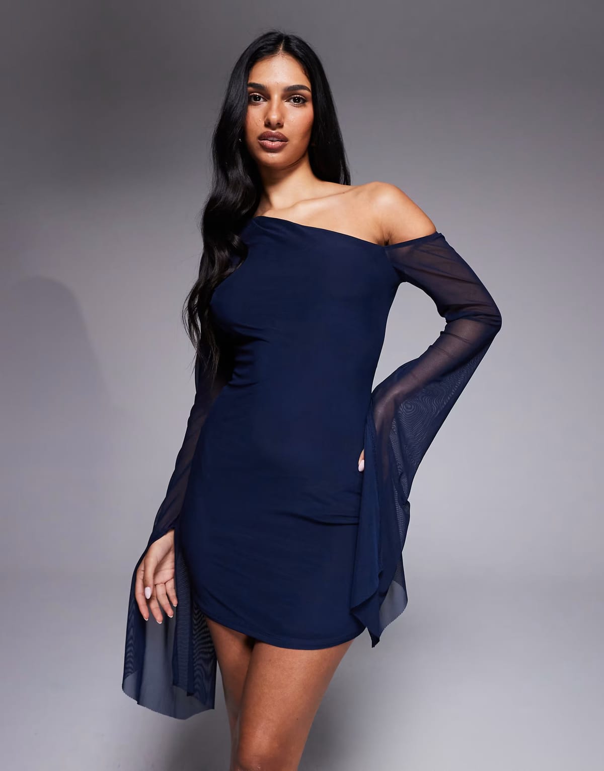 ASOS ASOS DESIGN mesh extreme hanky sleeve asymmetric mini dress in navy - 1
