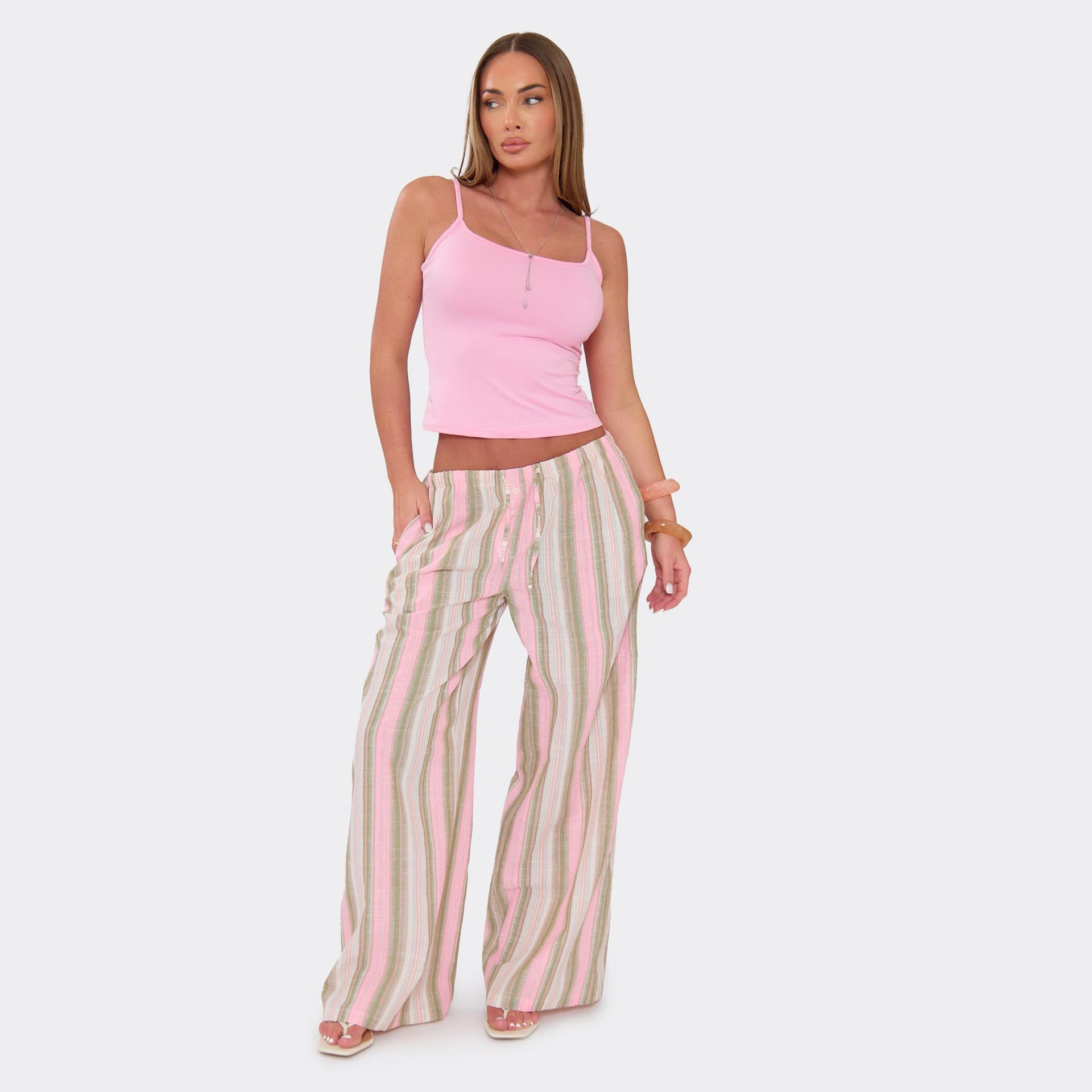 EGO Mid Rise Wide Leg Trousers In Pink And Green Stripe, Women's Size UK 6