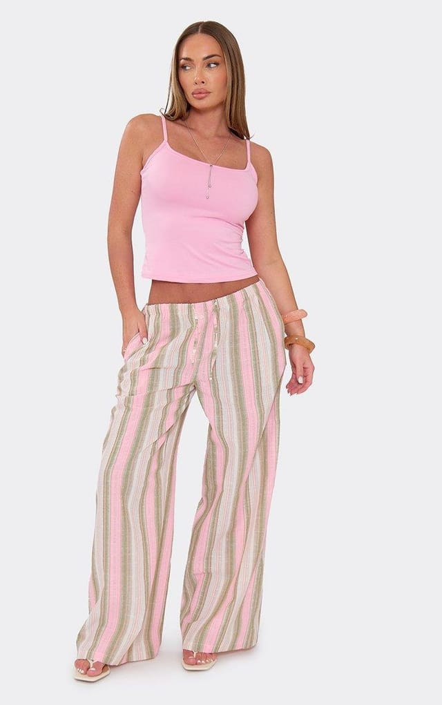 EGO Mid Rise Wide Leg Trousers In Pink And Green Stripe, Women's Size UK 6 - 2