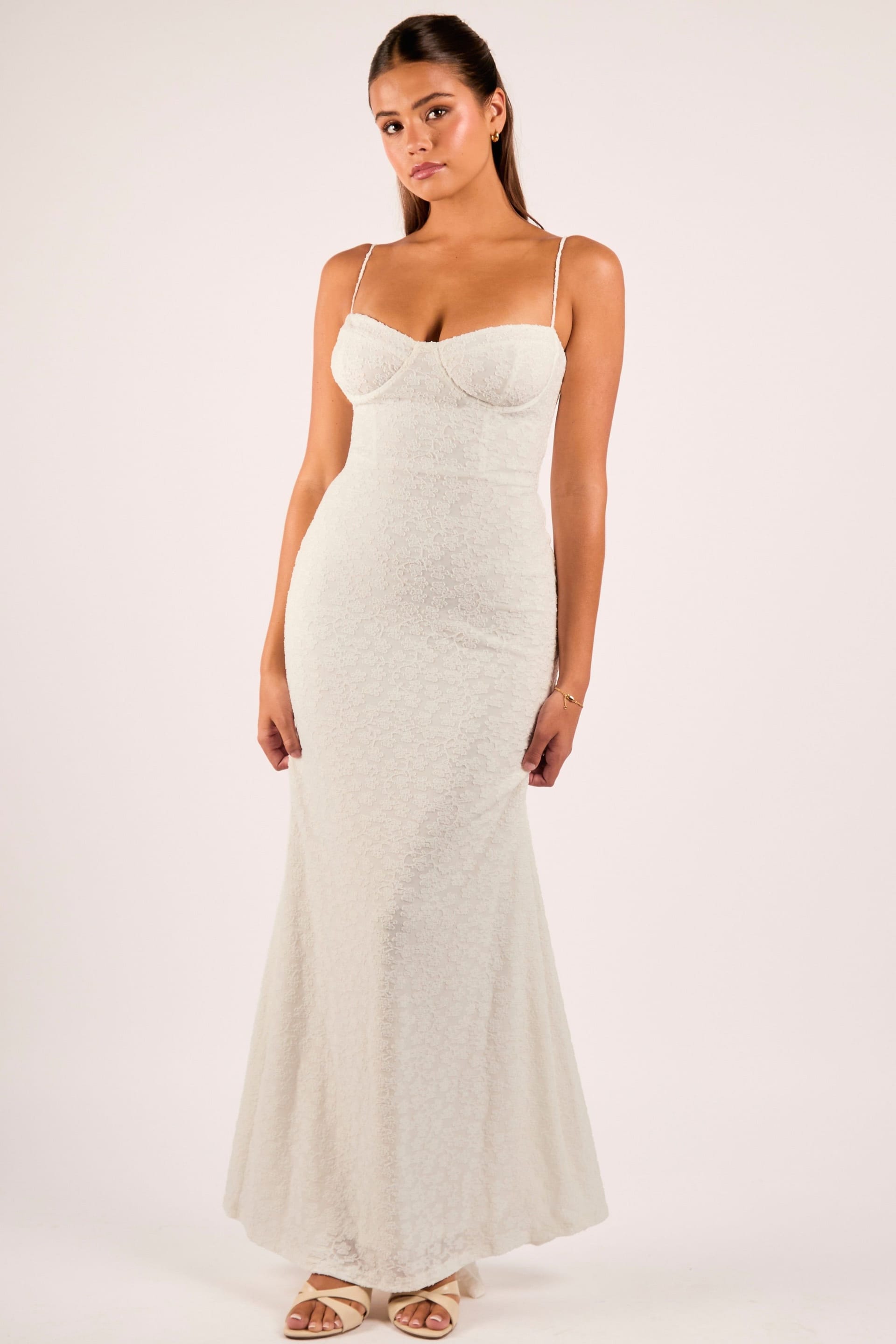 Jaded Rose White Floral Flocked Corset Bustier Maxi Dress