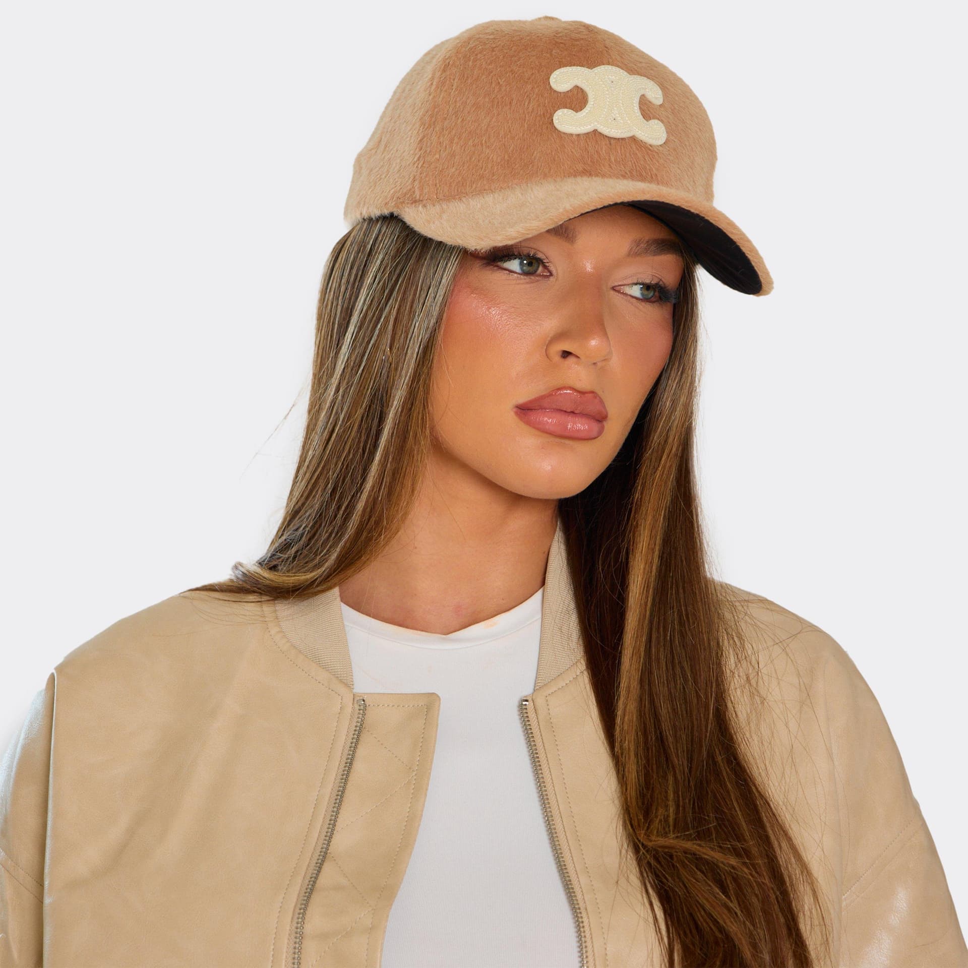 EGO Logo Detail Baseball Cap In Tan Brown Faux Fur, Women's Size UK 0