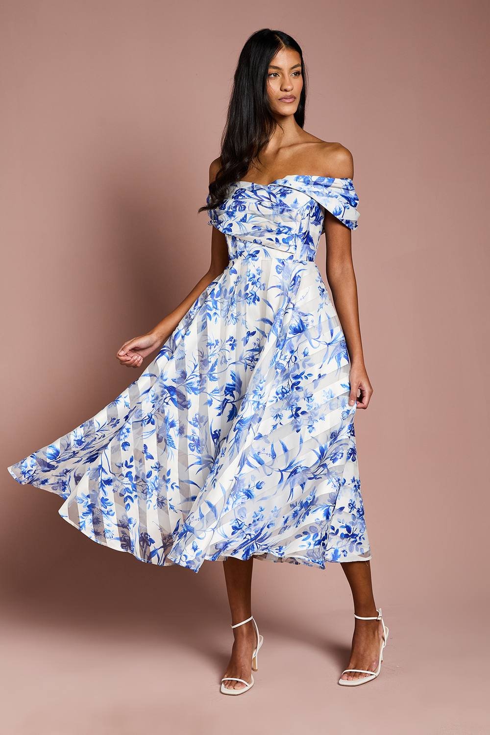 Coast Coast Women's Petite Stripe Organza Pleated Top Midi Dress in Ivory - 2