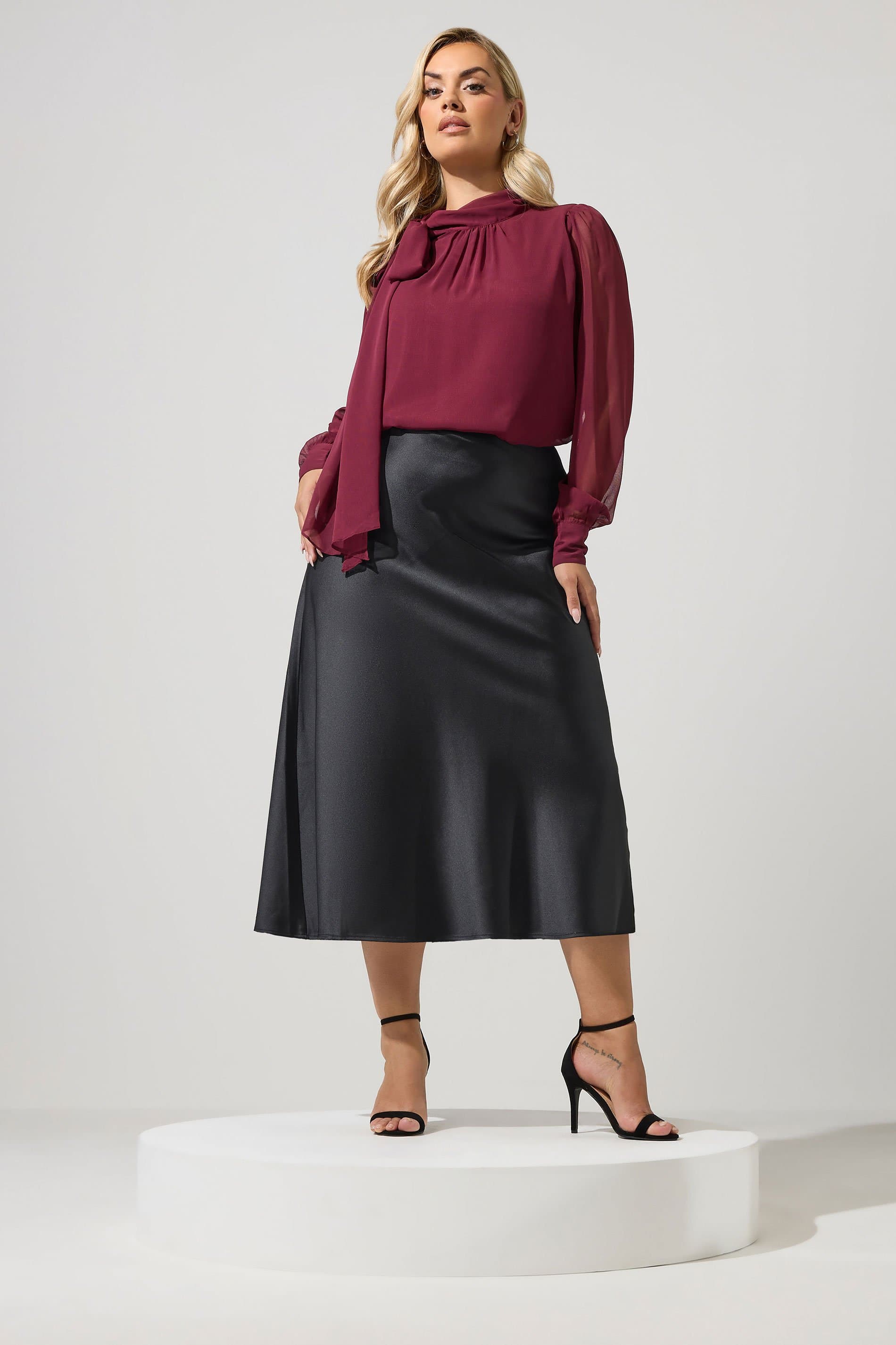 Yours London Curve Black Bias Cut Satin Skirt