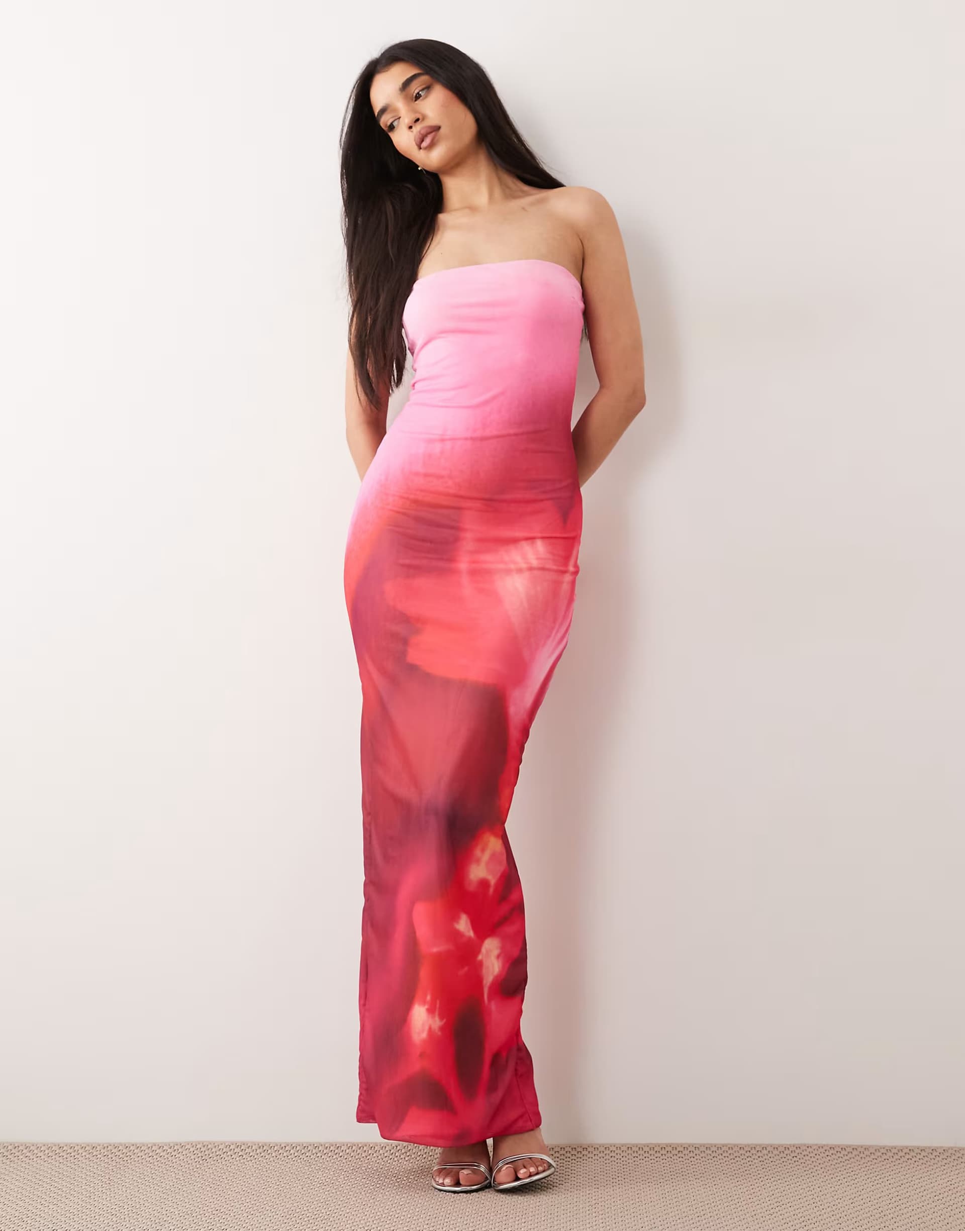 ASOS Murci mesh bandeau maxi dress in pink and red flower print