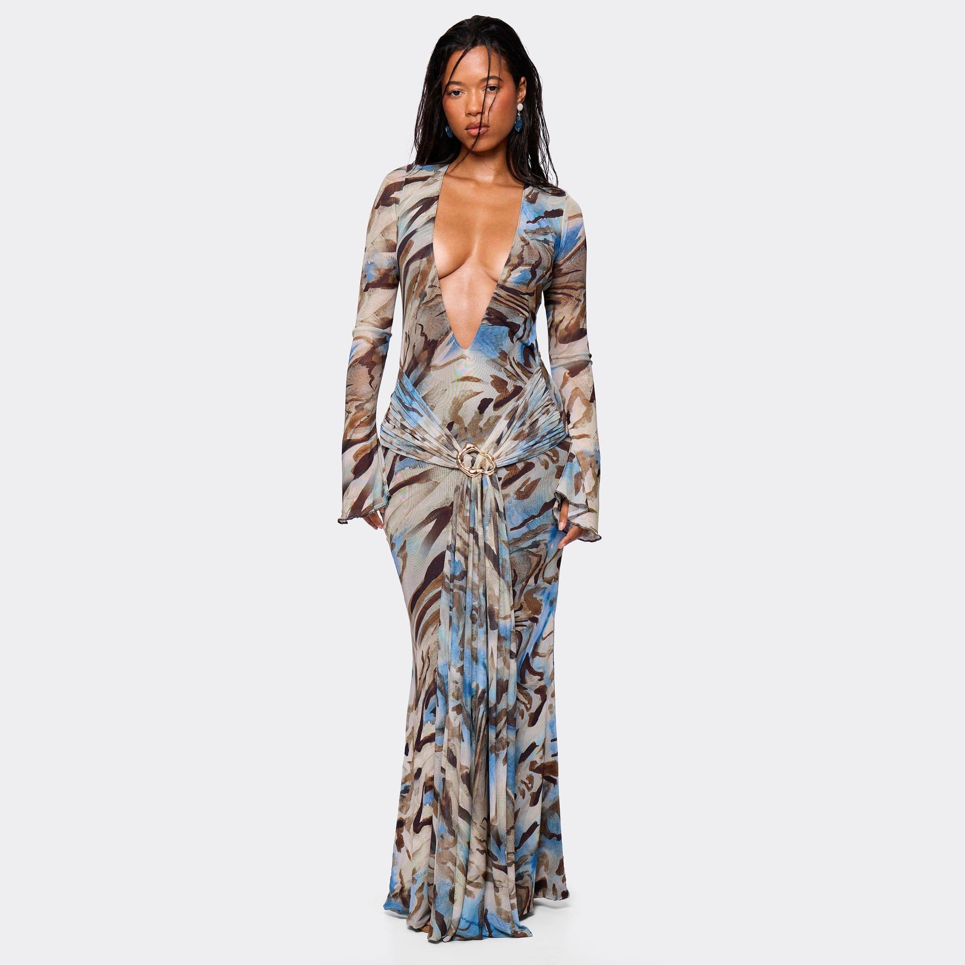 EGO Long Sleeve Plunge Neck Draped Trim Detail Maxi Dress In Green Abstract Print, Women's Size UK L