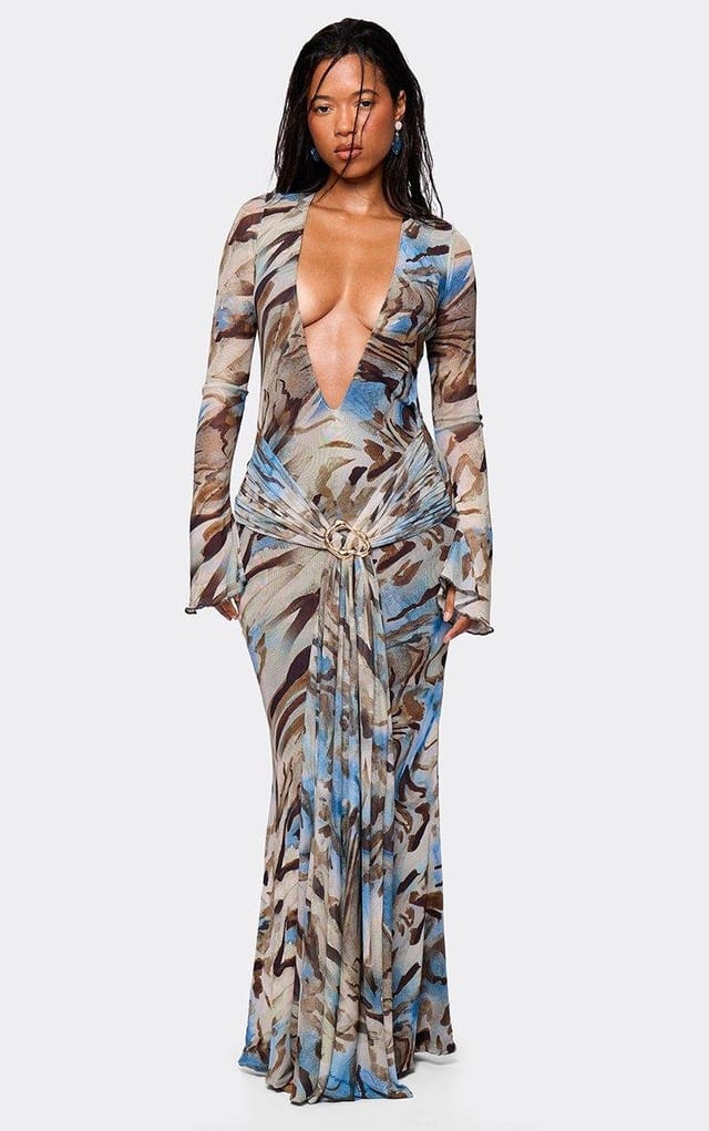 EGO Long Sleeve Plunge Neck Draped Trim Detail Maxi Dress In Green Abstract Print, Women's Size UK L - 2