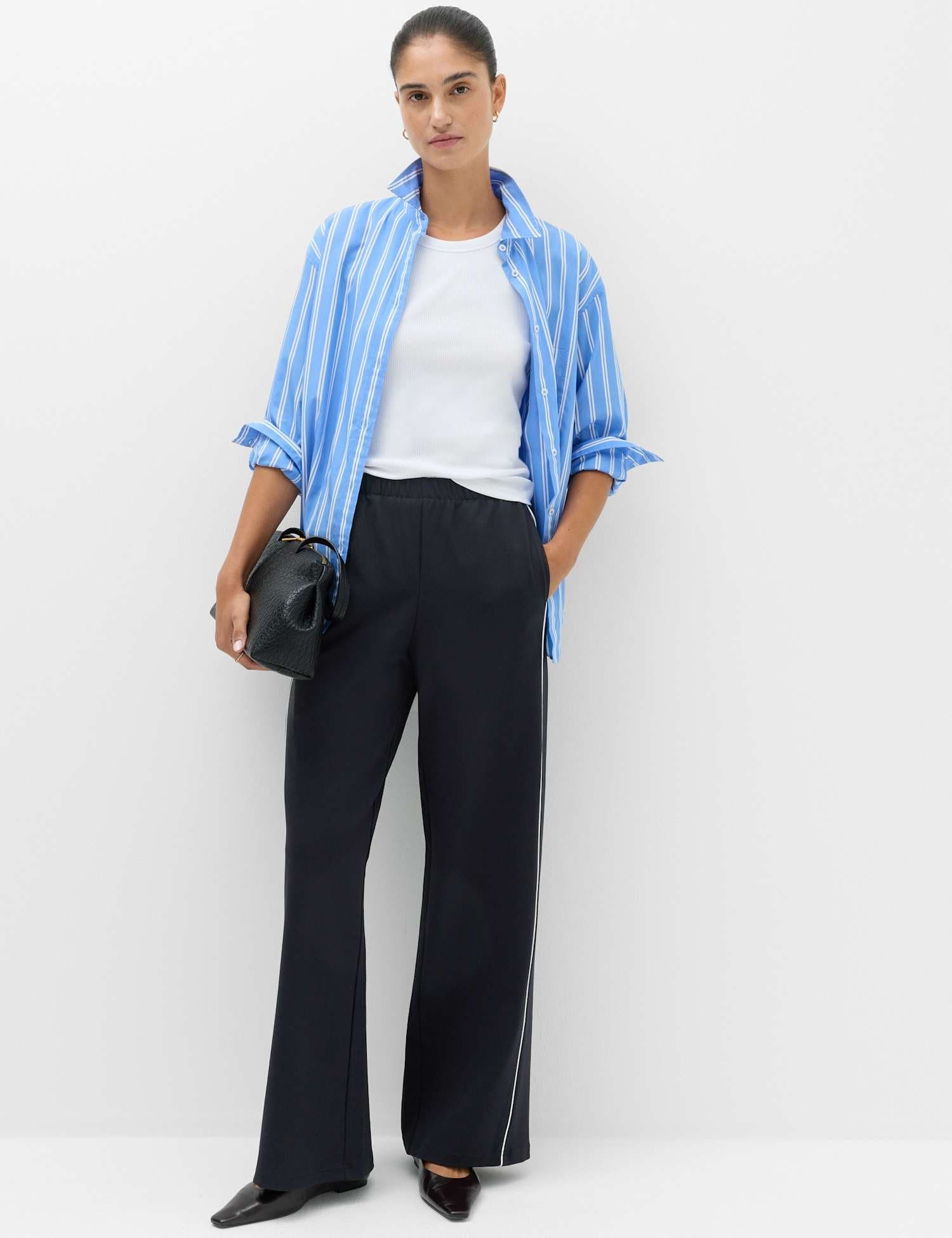 Marks & Spencer M&S Ponte Side Stripe Drawstring Wide Leg Joggers Midnight Navy
