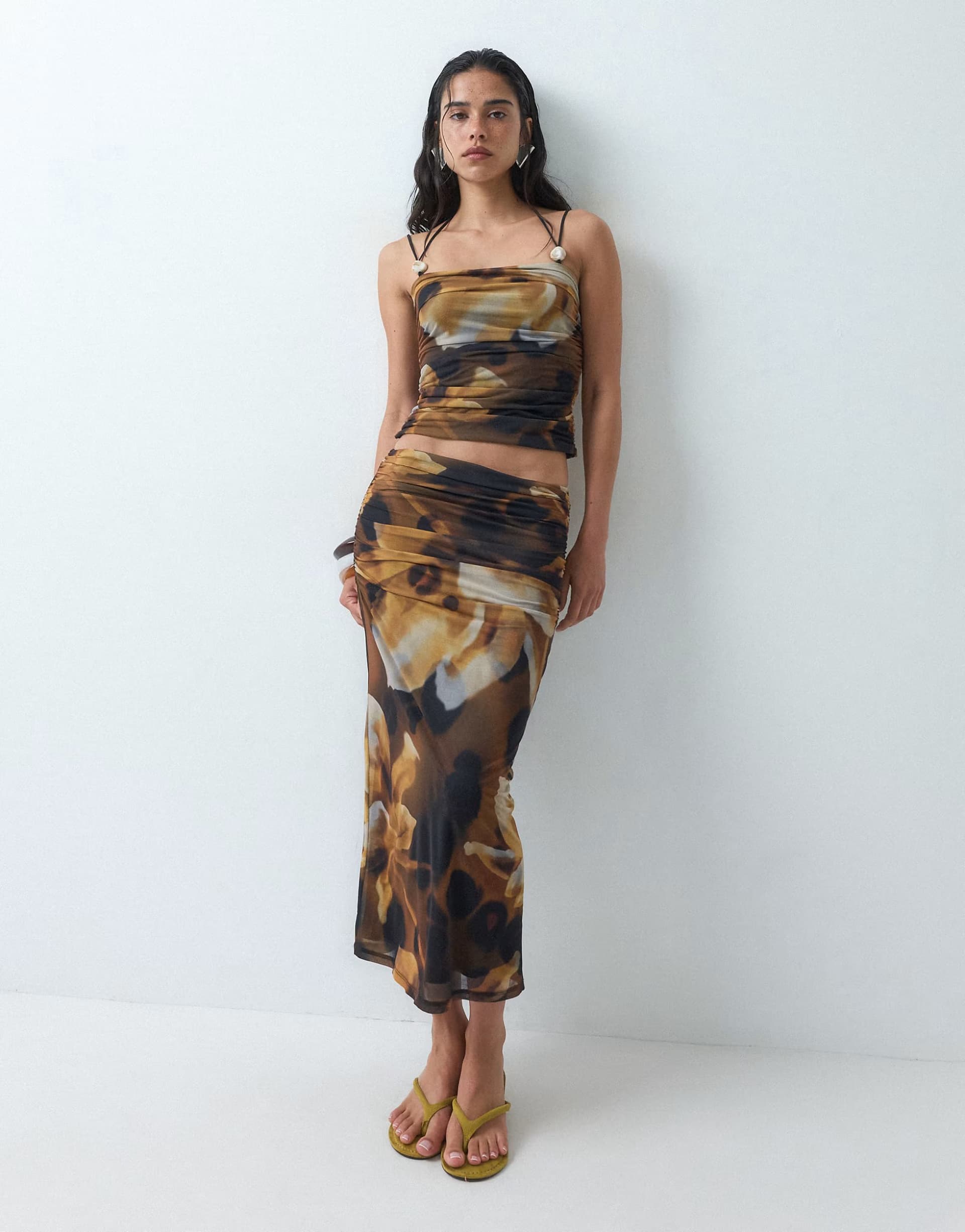 ASOS ASOS DESIGN co-ord mesh midi skirt with ruching in blurred floral