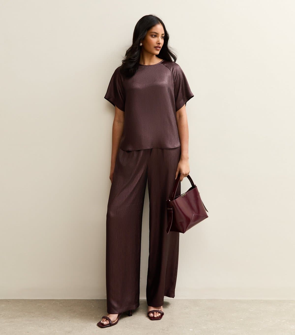New Look Women's Burgundy Shimmer Textured Wide Leg Trousers New Look
