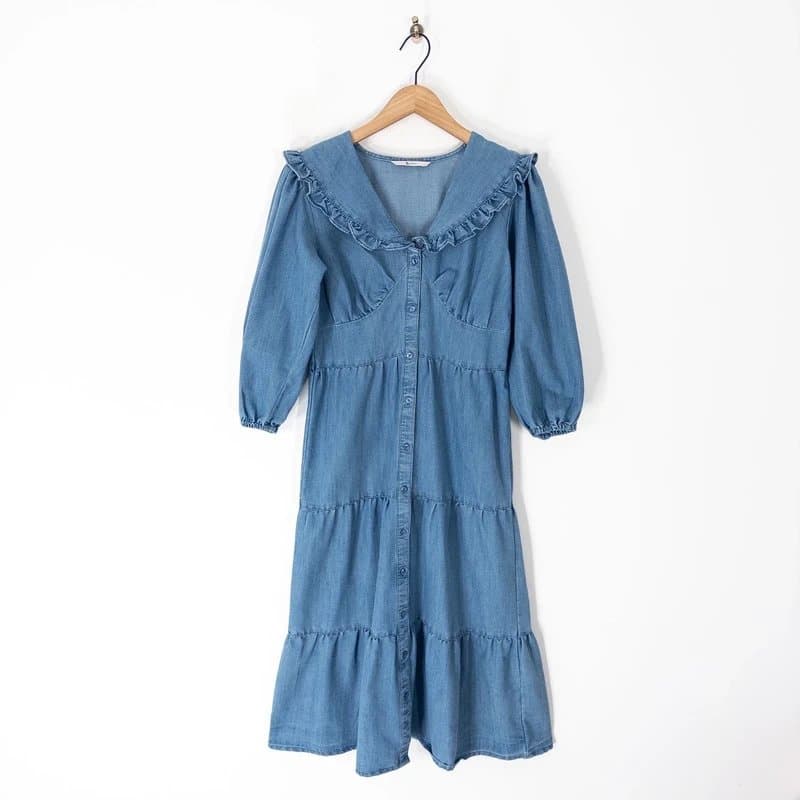 TU Tu Denim Smock Midi Shirt Dress Size 12 Prairie Ruffle Collar Mid Blue Cotton