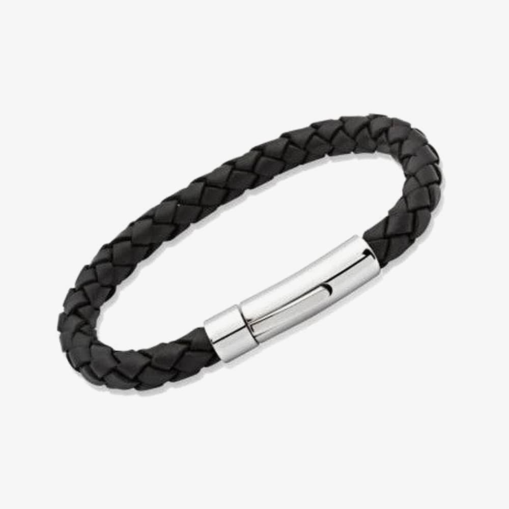 Unique Unique Men's Stainless Steel 19cm Black Braided Leather Bracelet A40BL/19CM