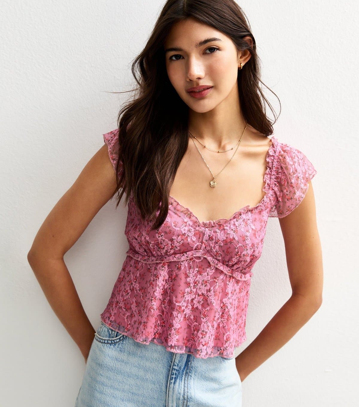 New Look Women's Pink Rose Print Lace Layer Milkmaid Top New Look