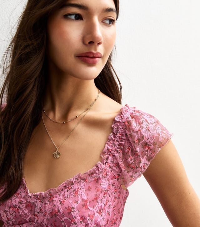 New Look Women's Pink Rose Print Lace Layer Milkmaid Top New Look - 3