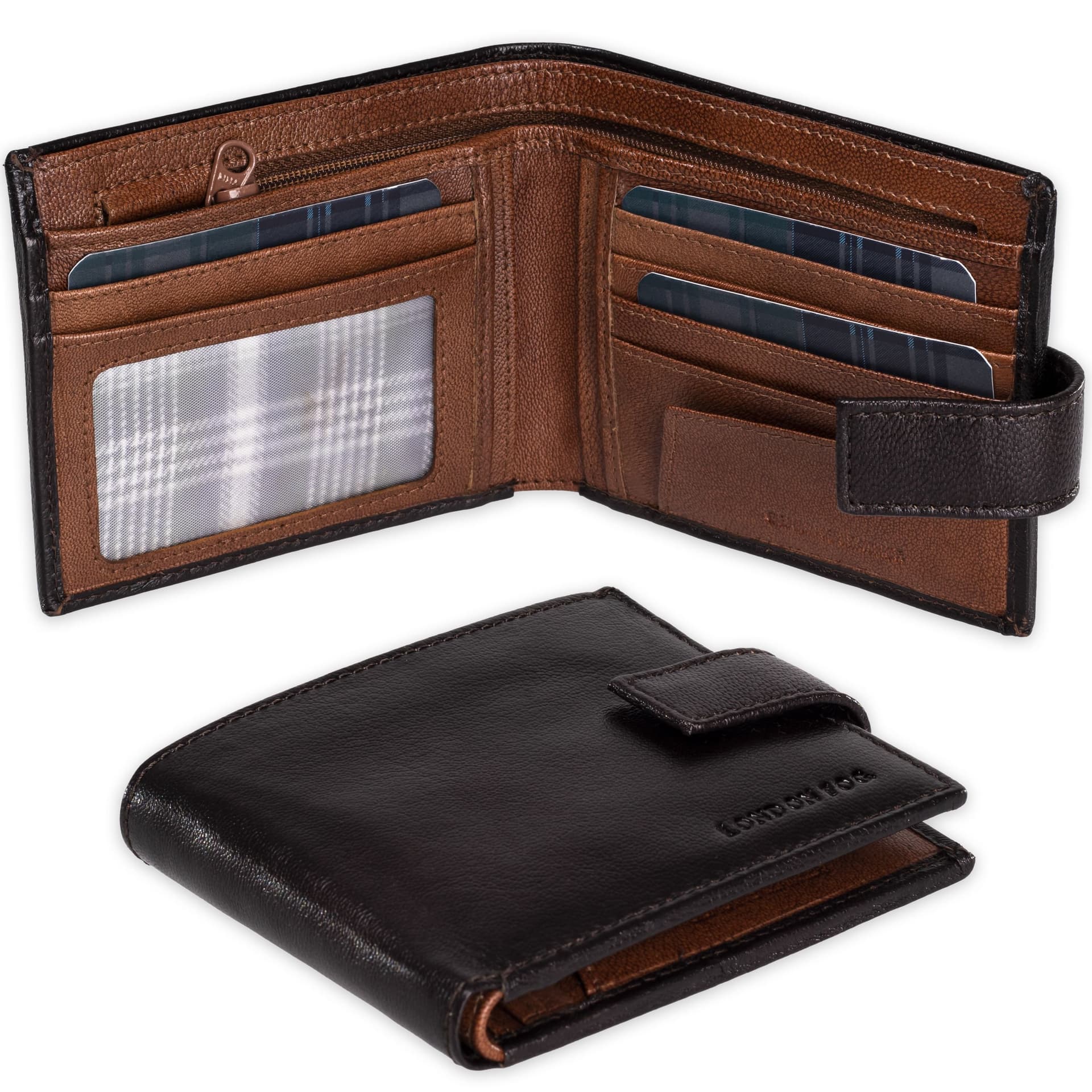 London Fog London Fog Men's Mens Genuine Leather Wallet RFID Blocking Coin Pocket Zip Around in Brown