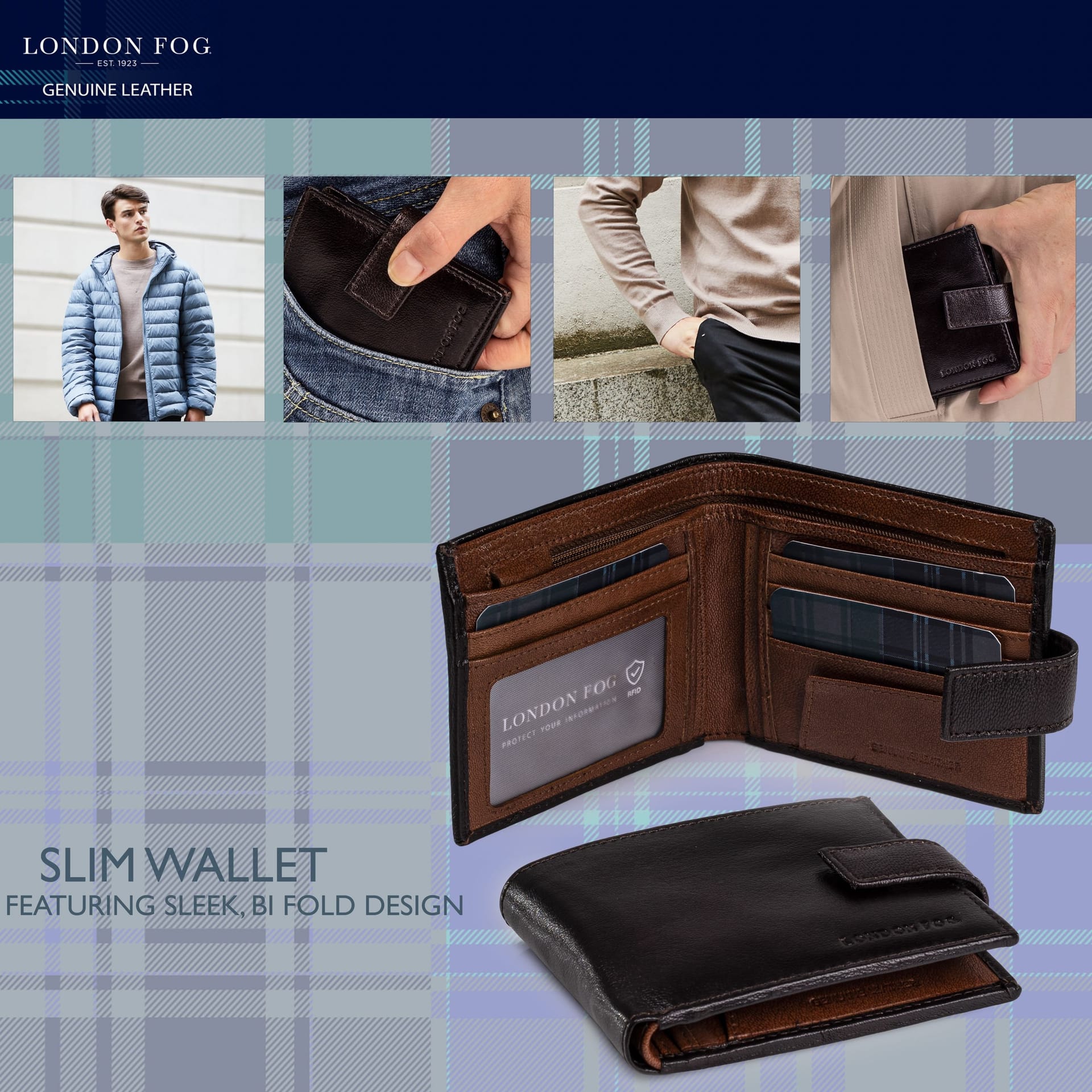 London Fog London Fog Men's Mens Genuine Leather Wallet RFID Blocking Coin Pocket Zip Around in Brown - 4
