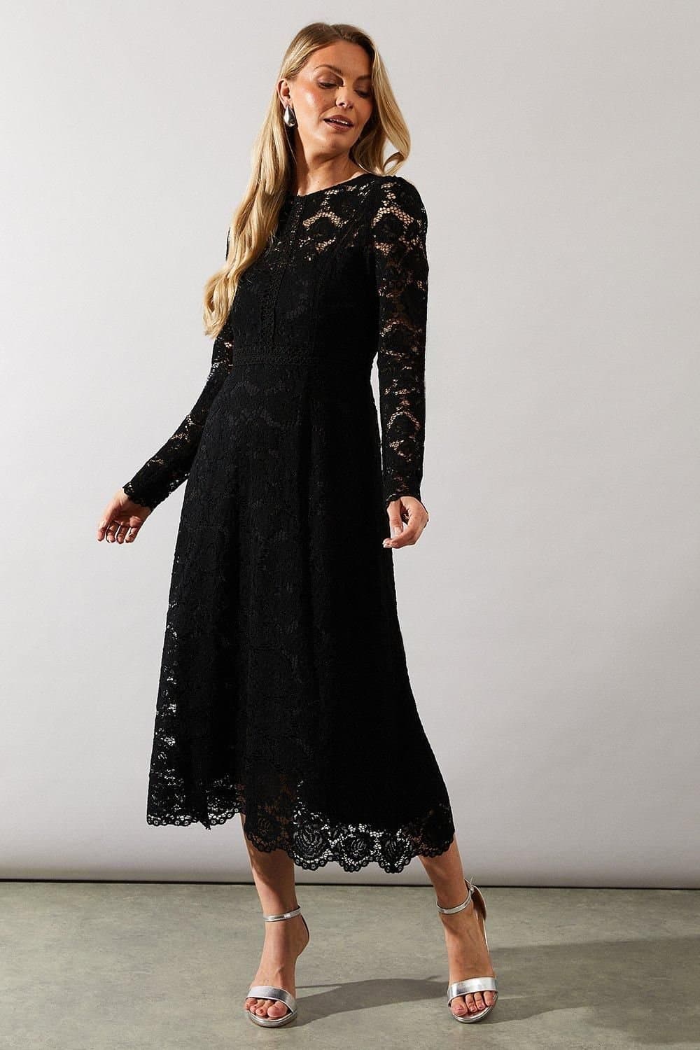 Wallis Wallis Women's Lace Fit & Flare Midi Dress in Black