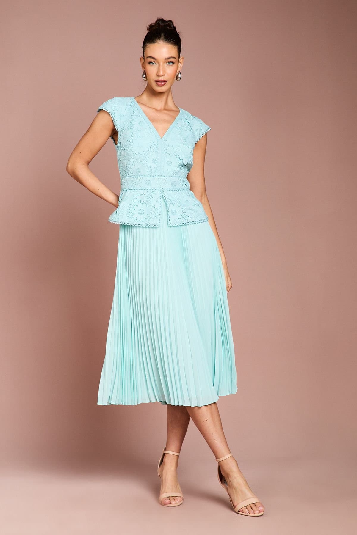 Coast Coast Women's V Neck Lace Bodice Peplum Midi Dress in Duck Egg