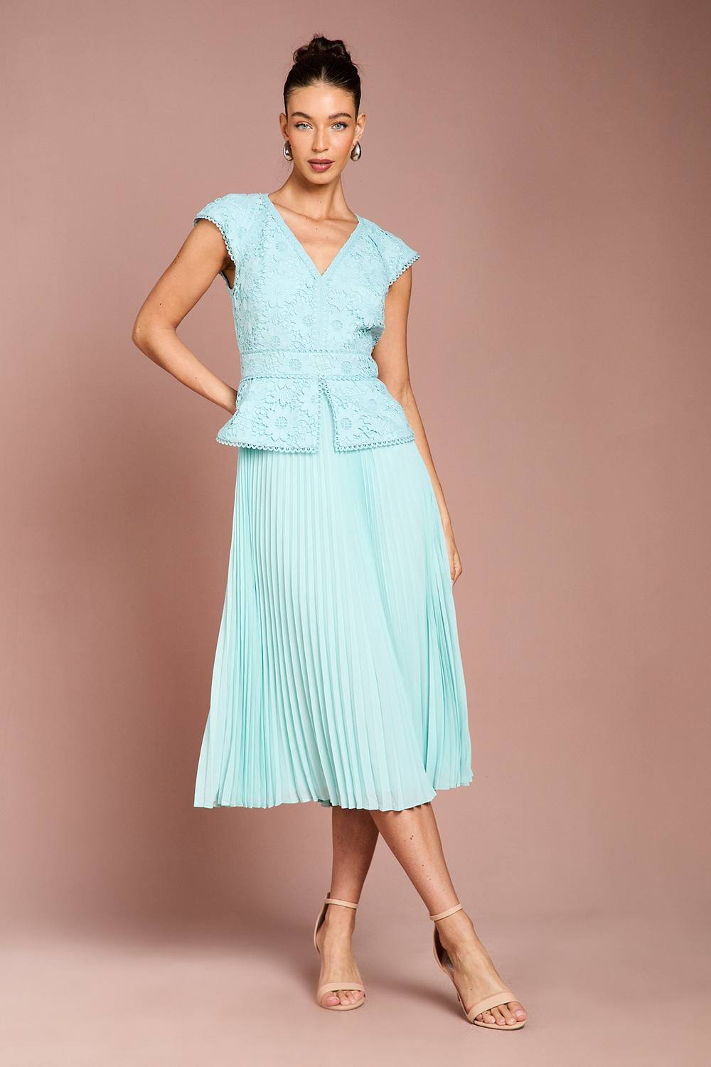 Coast Coast Women's V Neck Lace Bodice Peplum Midi Dress in Duck Egg - 2