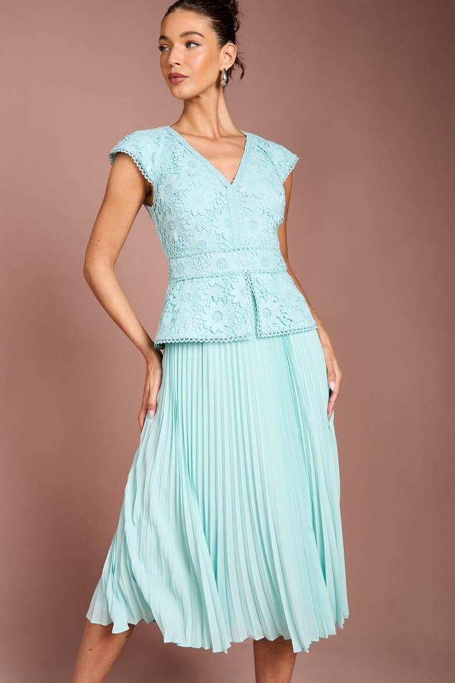 Coast Coast Women's V Neck Lace Bodice Peplum Midi Dress in Duck Egg - 2
