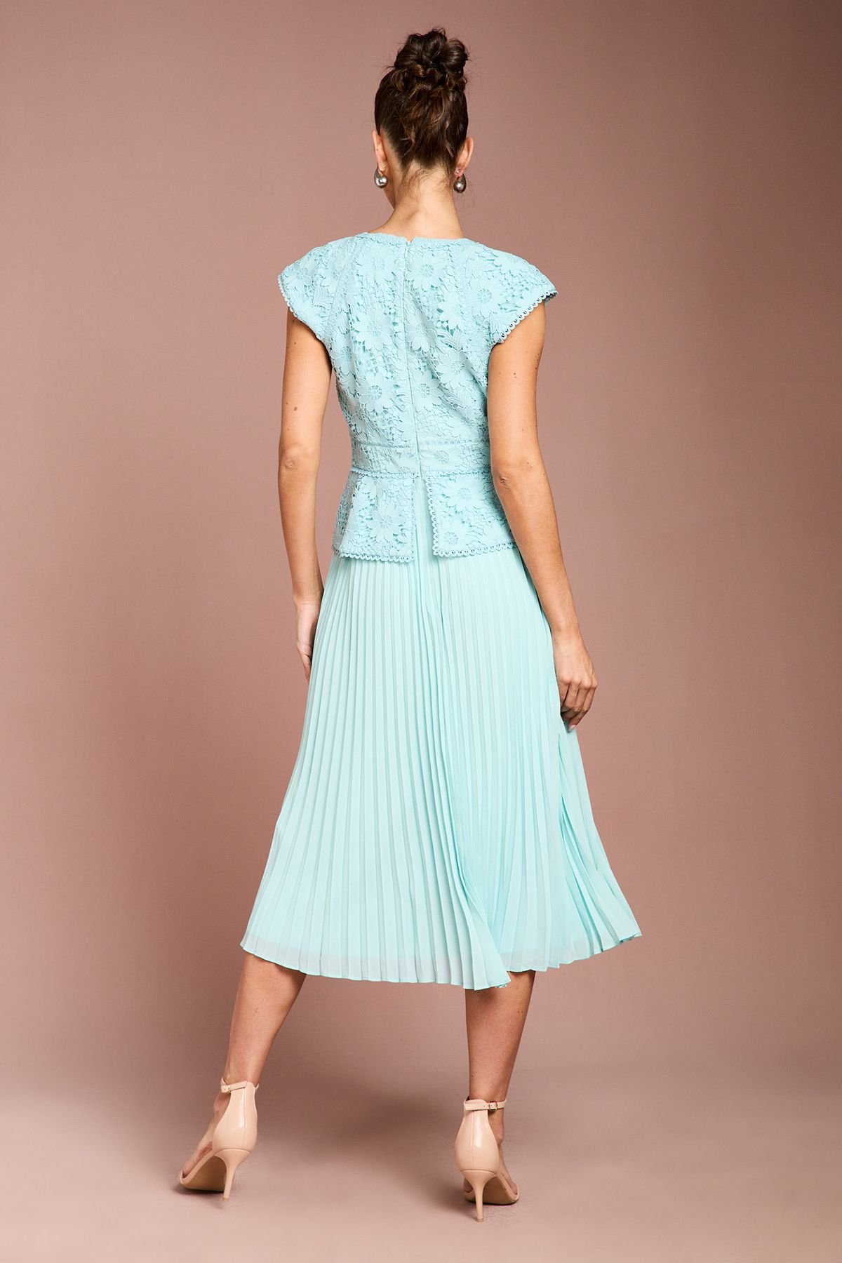 Coast Coast Women's V Neck Lace Bodice Peplum Midi Dress in Duck Egg - 3