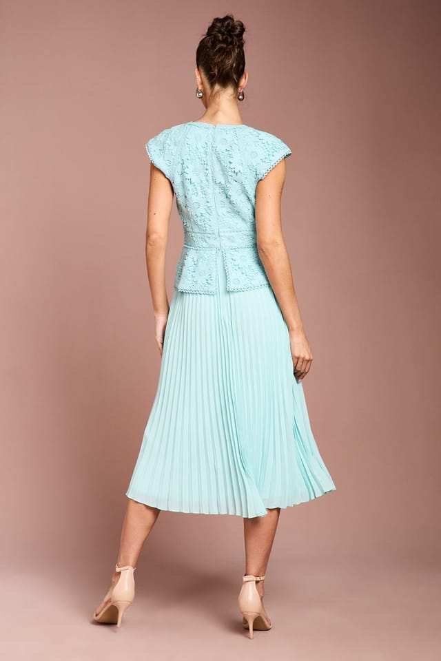 Coast Coast Women's V Neck Lace Bodice Peplum Midi Dress in Duck Egg - 3