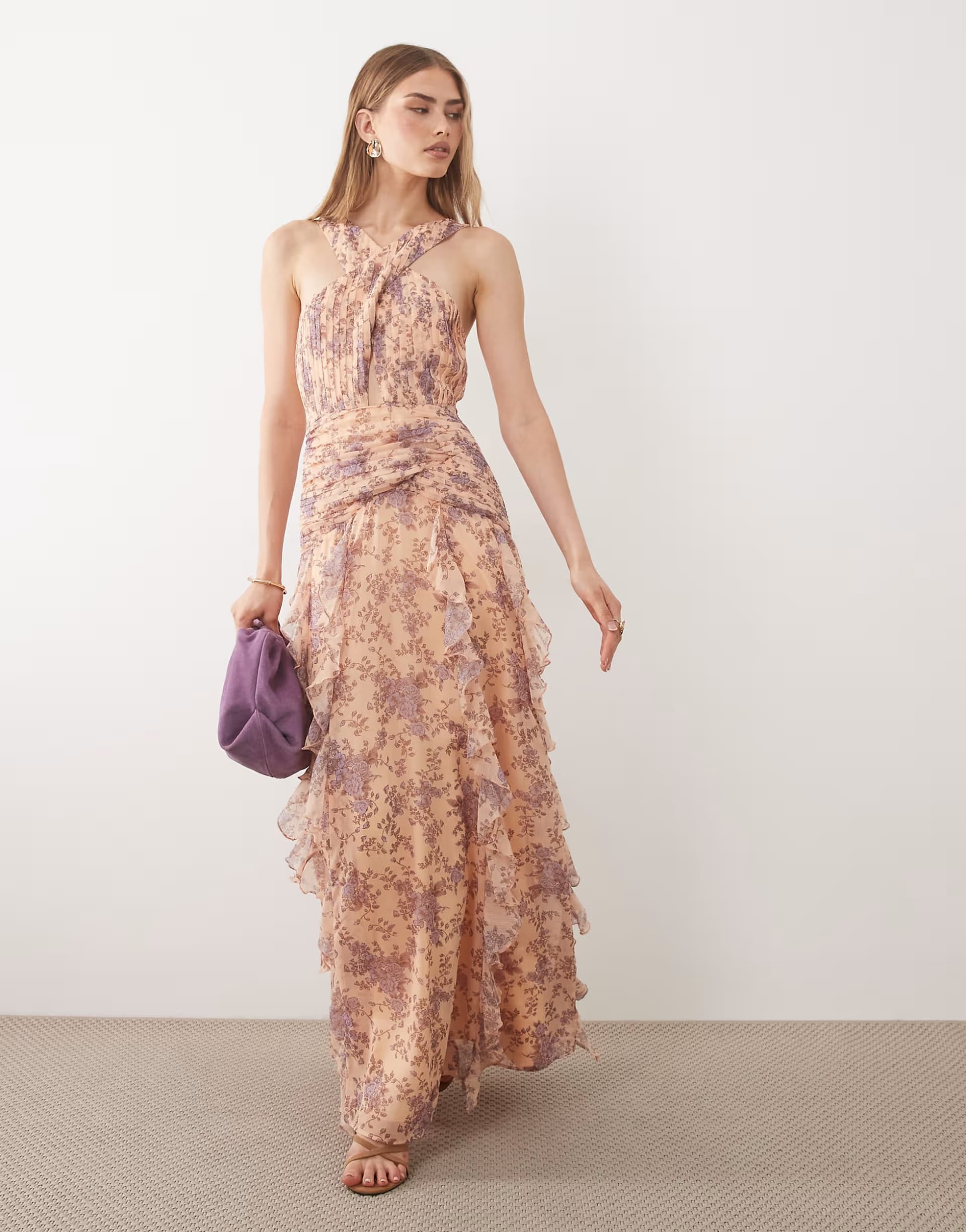 ASOS Pretty Lavish Brielle cross over ruched ruffle maxi dress in lilac and orange floral