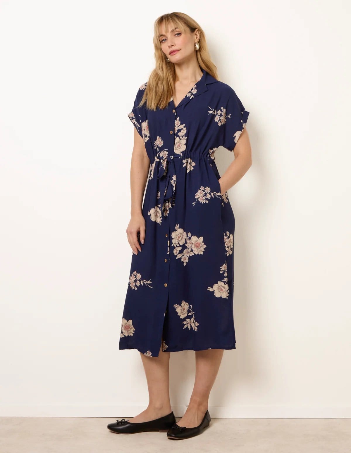 Blue Vanilla Navy Floral Print Midi Shirt Dress