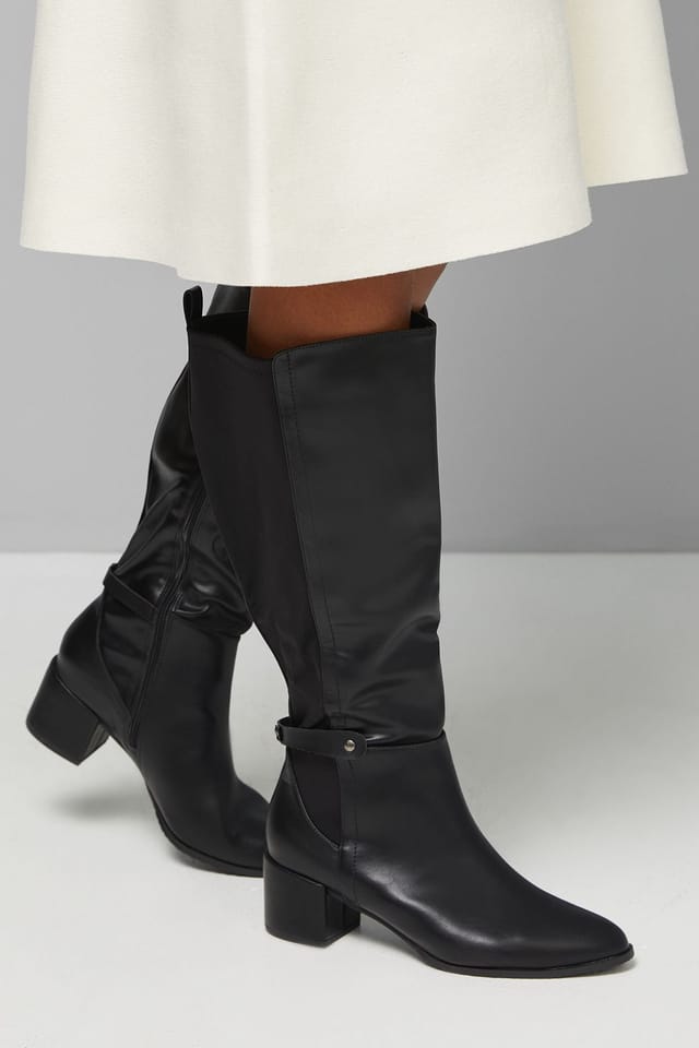 Wallis Wallis Women's Extra Wide Fit Hallen Stretch Back Medium Block Heel Knee Boots in Black - 2