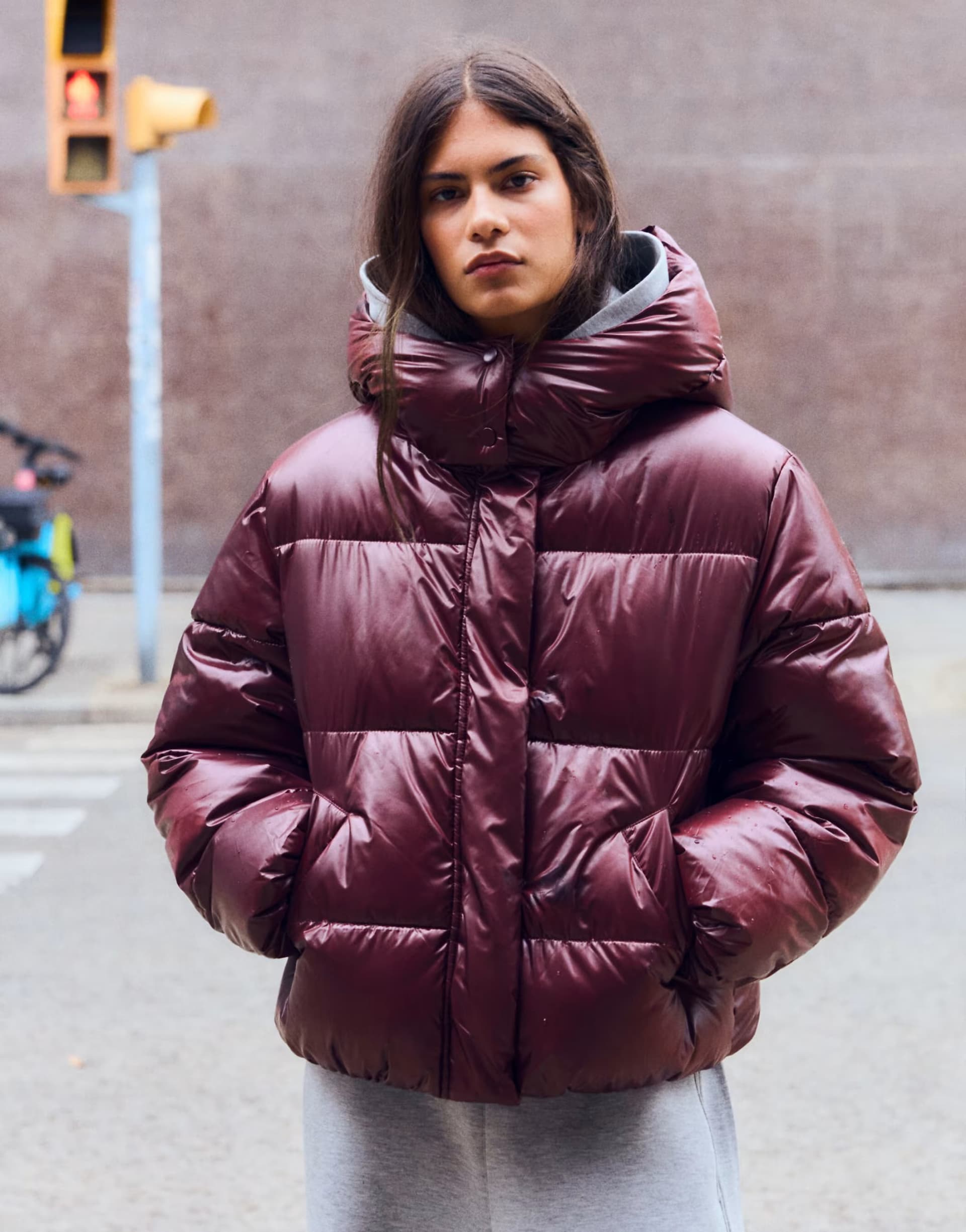 ASOS Bershka Oversize hooded puffer jacket in burgundy