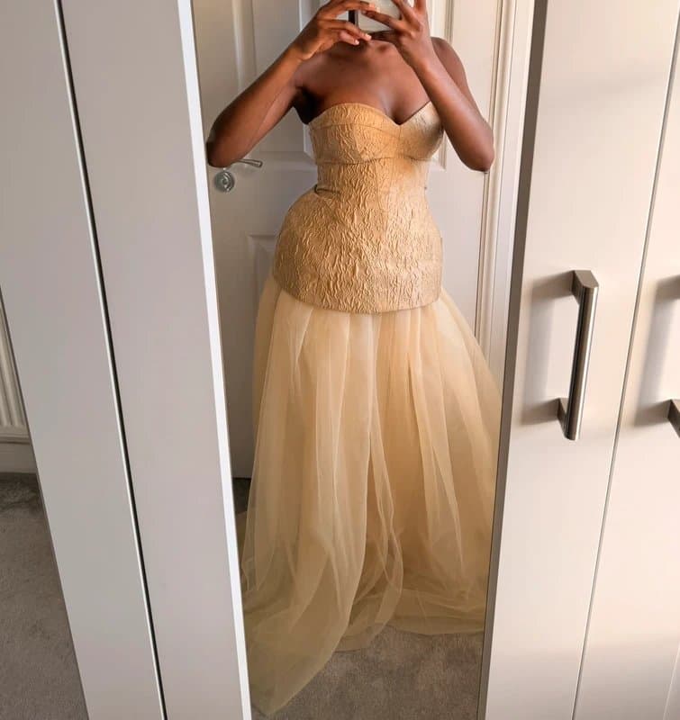 ASOS Asos luxe bandeau corset jacquard maxi dress with full skirt in gold
