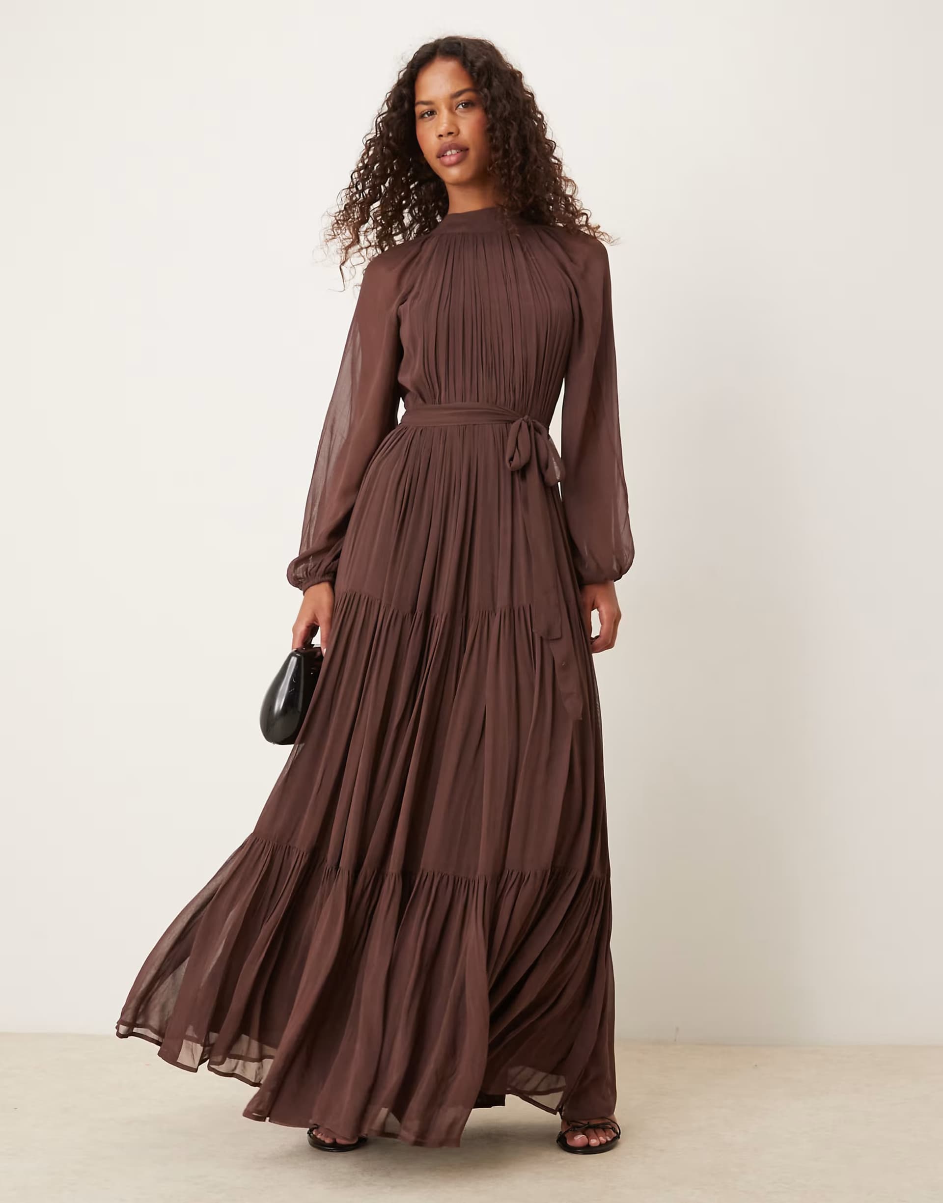 ASOS Lace & Beads chiffon balloon sleeve maxi dress in chocolate