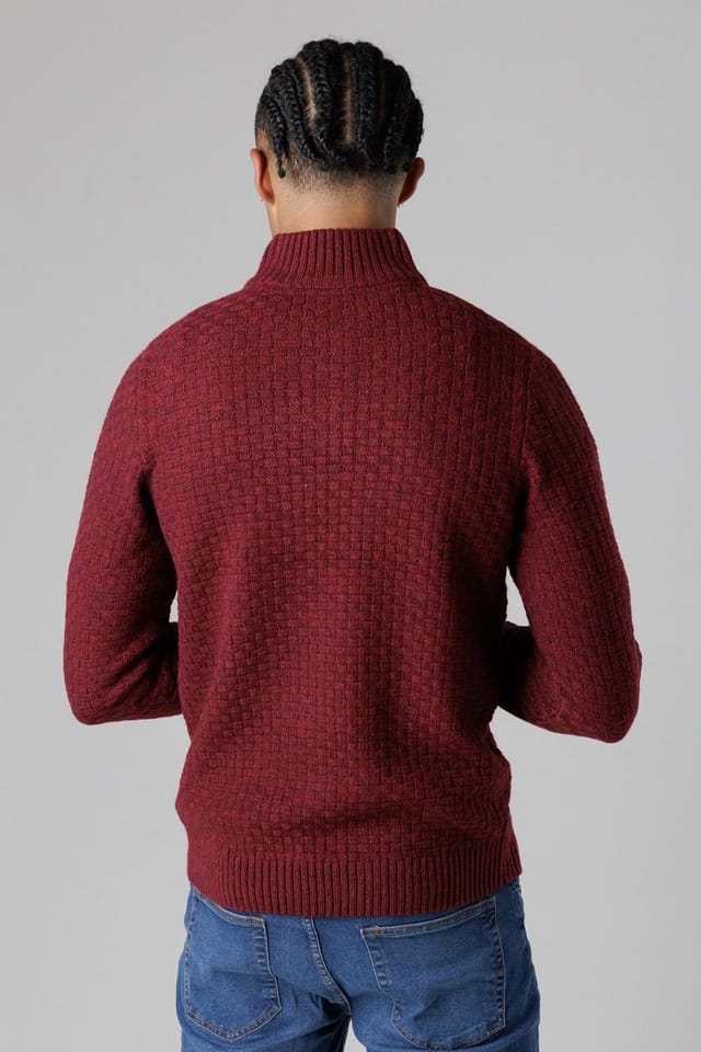 Tokyo Laundry Tokyo Laundry Men's Quarter Zip Basket Stitch Jumper in Wine - 2