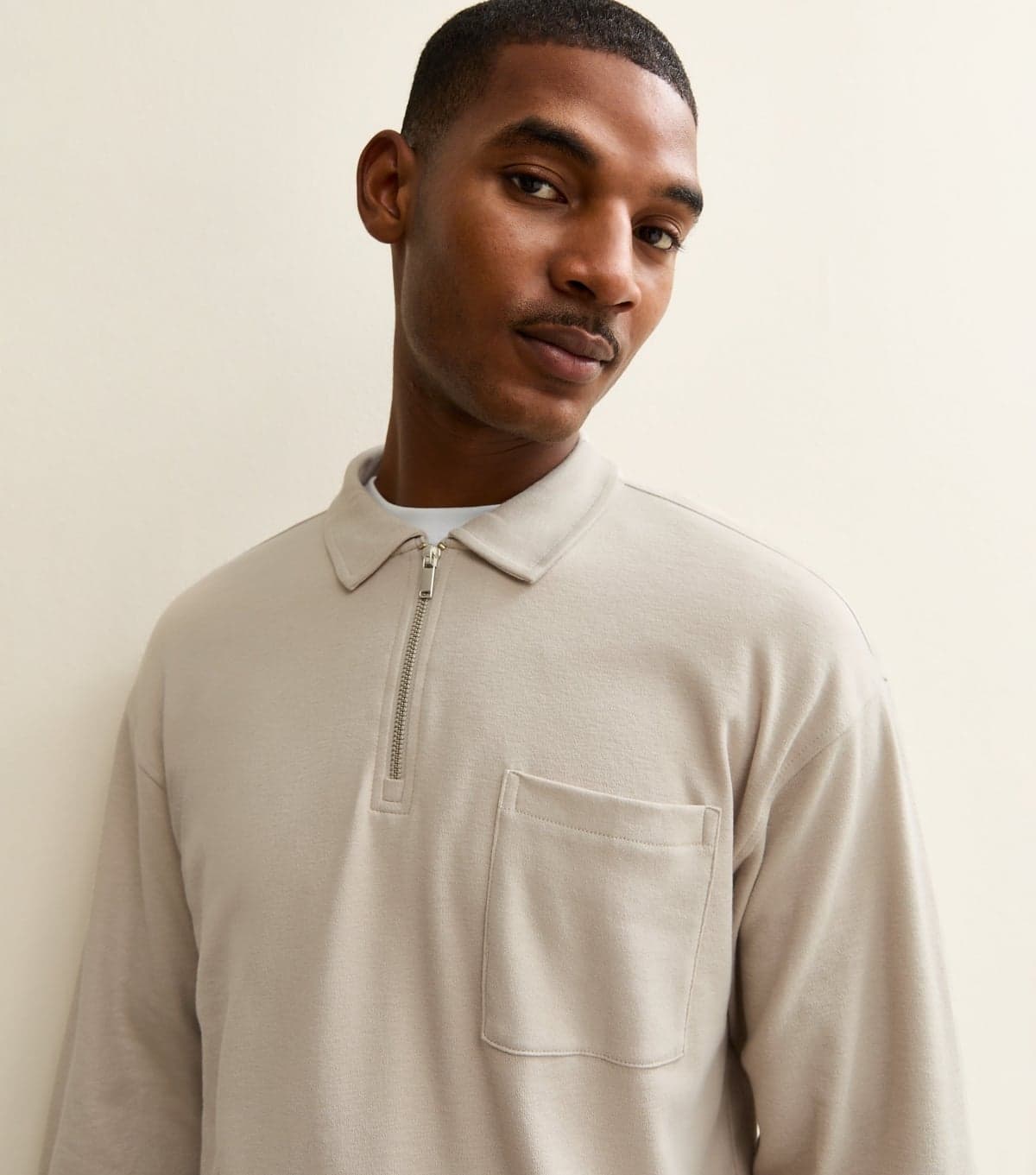 New Look Men's Stone Relaxed Quarter Zip Polo Collar Top New Look