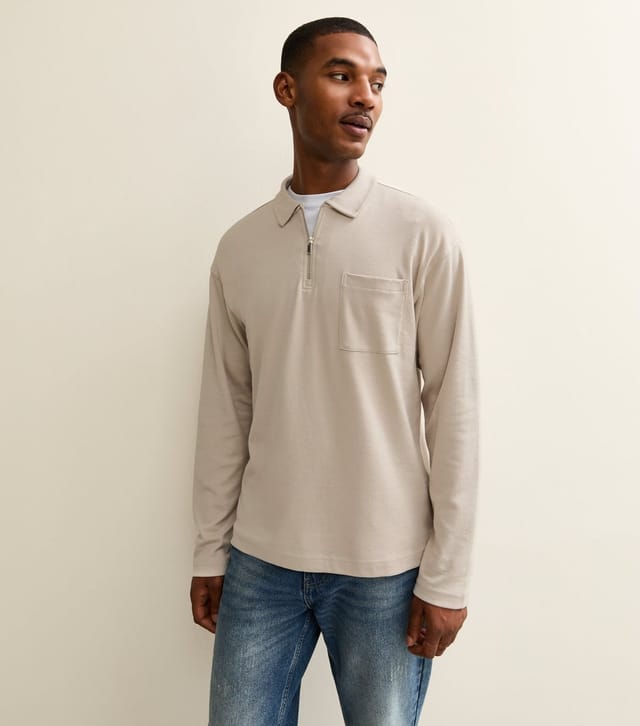New Look Men's Stone Relaxed Quarter Zip Polo Collar Top New Look - 2